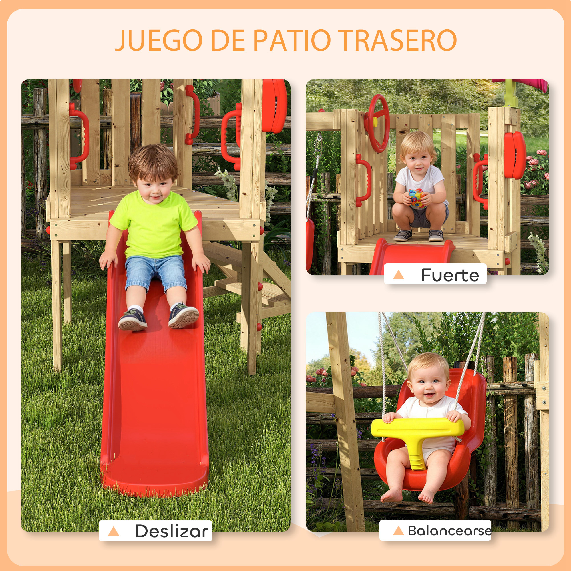 Niños jugando en un parque infantil de madera con tobogán y columpio.