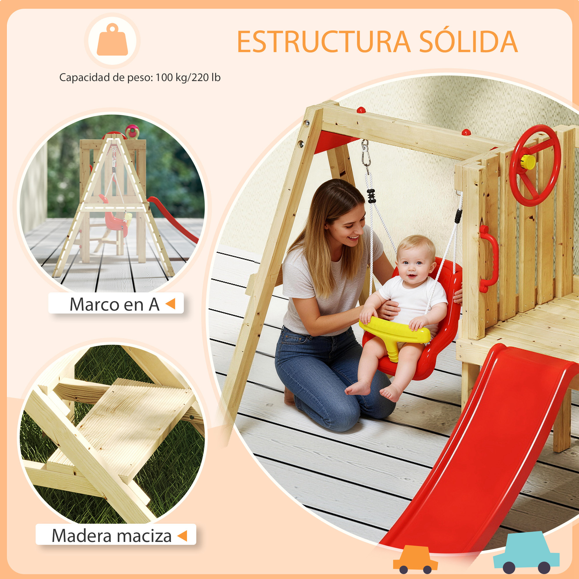 Madre con bebé en columpio, estructura de madera con tobogán, capacidad 100 kg.