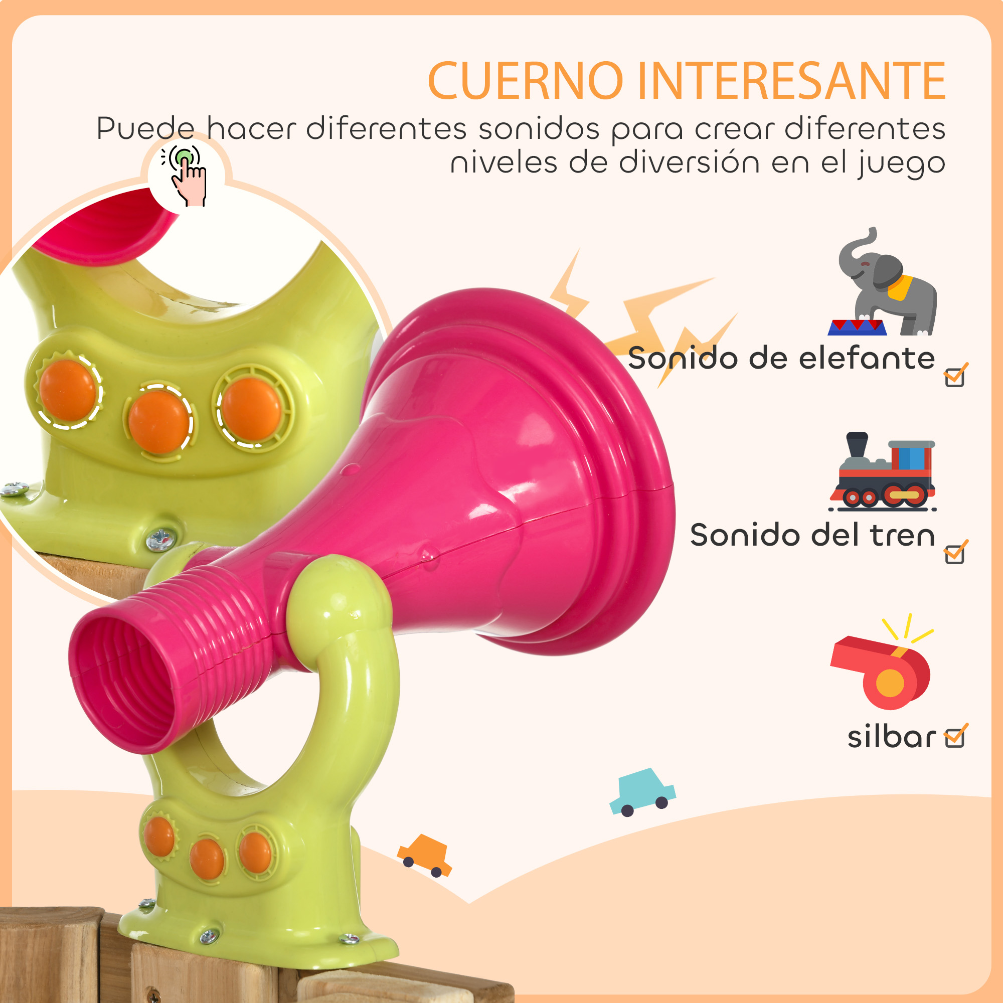 Un cuerno de juguete colorido con botones que emite varios sonidos.
