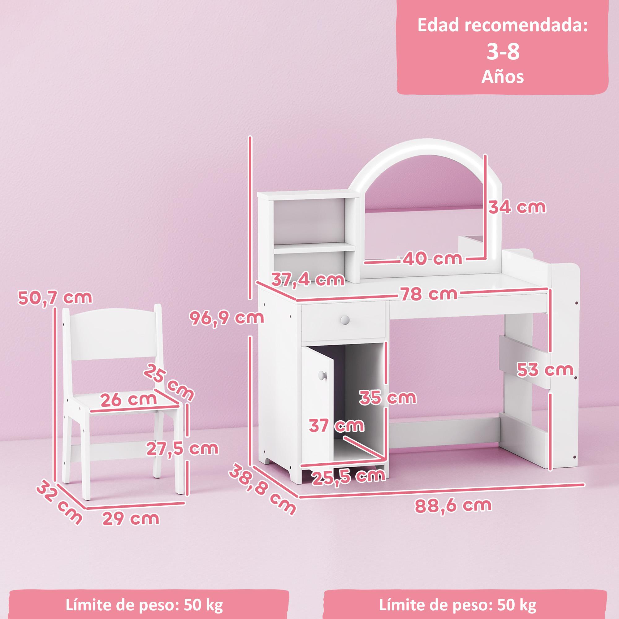 Tocador infantil blanco con espejo, cajón, armario y silla.