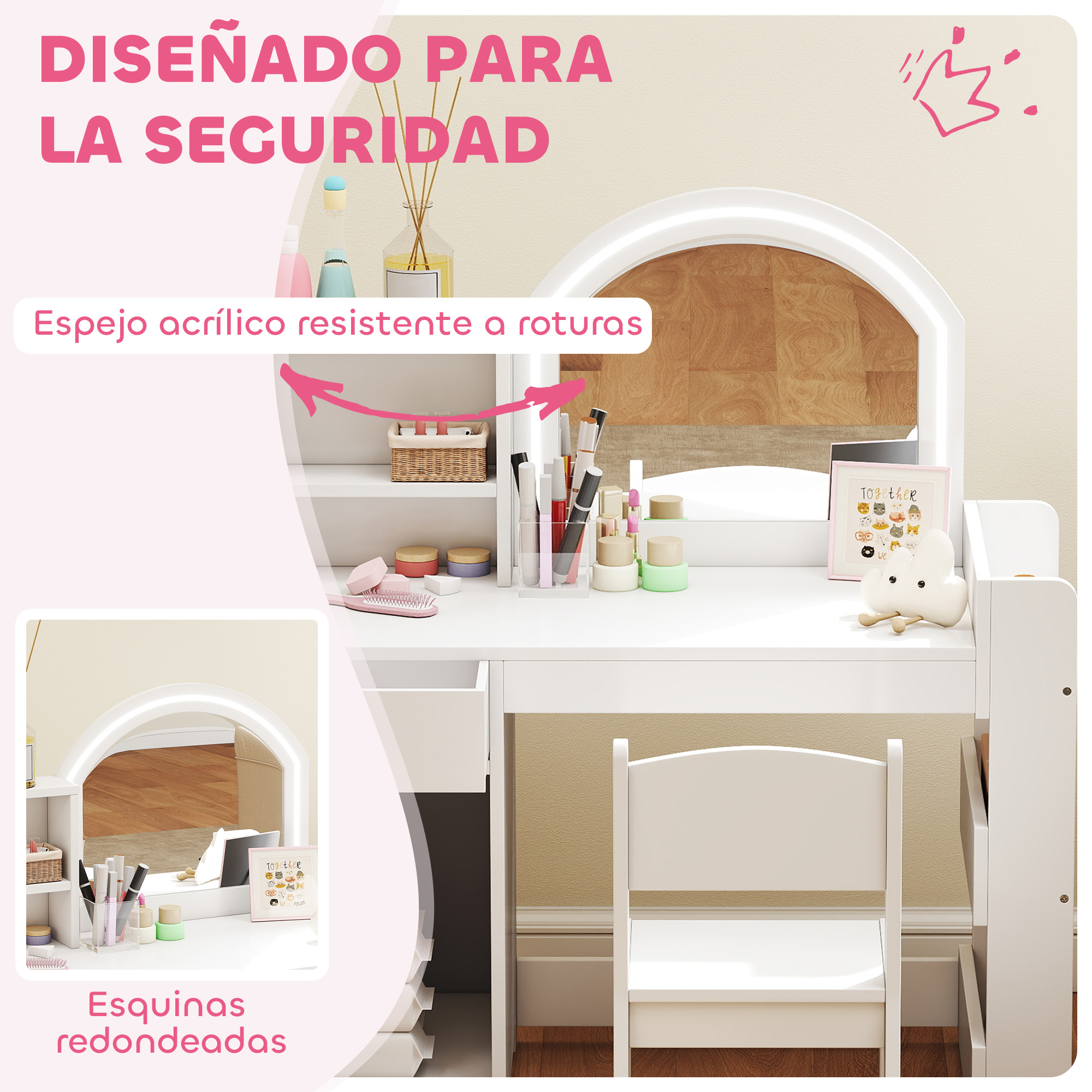 Tocador blanco con espejo, cosméticos, cepillo y silla.
