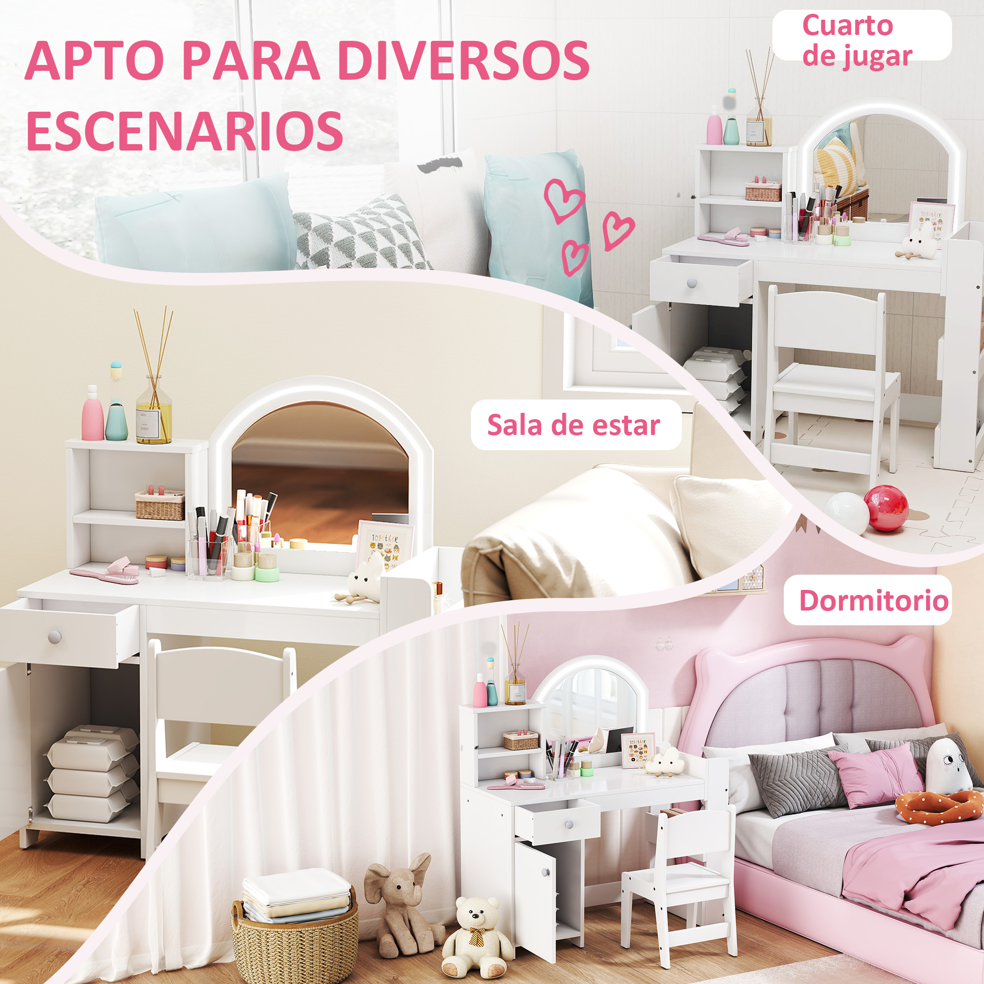 Collage que muestra tocadores en diferentes escenarios: sala, cuarto de juegos, dormitorio.