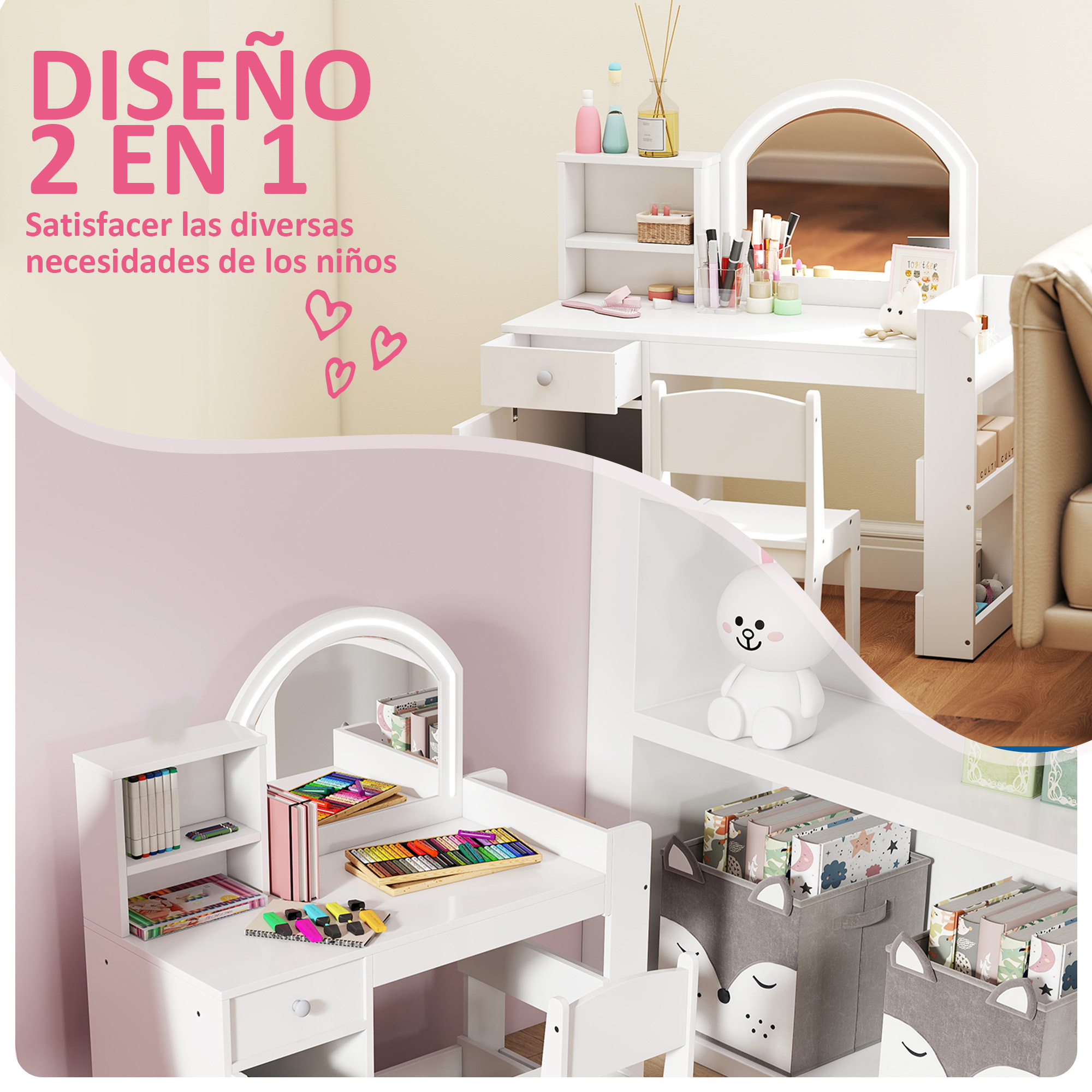 Dos tocadores blancos para niños con espejos, sillas y contenedores.