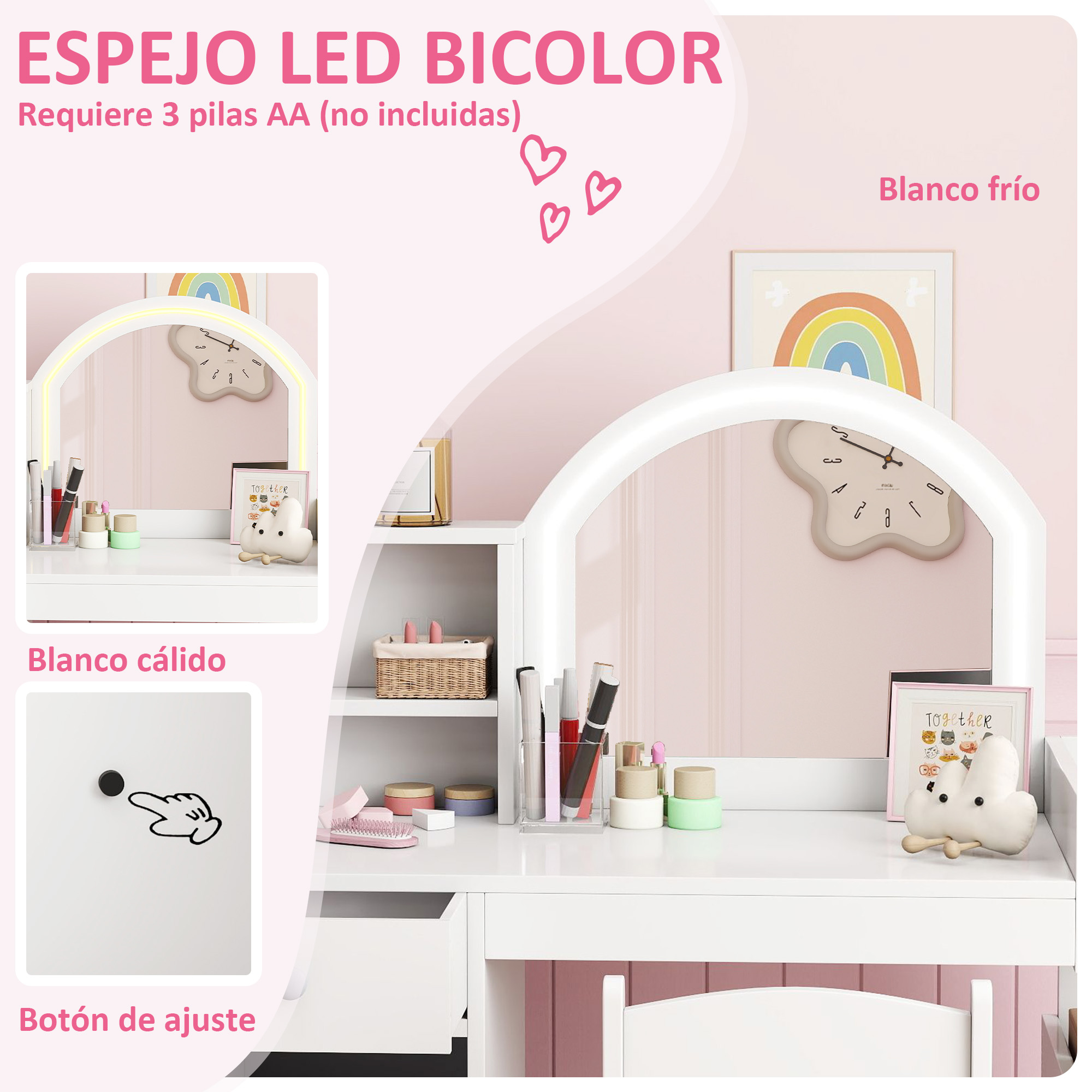 Tocador blanco con espejo LED, cosméticos, reloj y decoraciones.