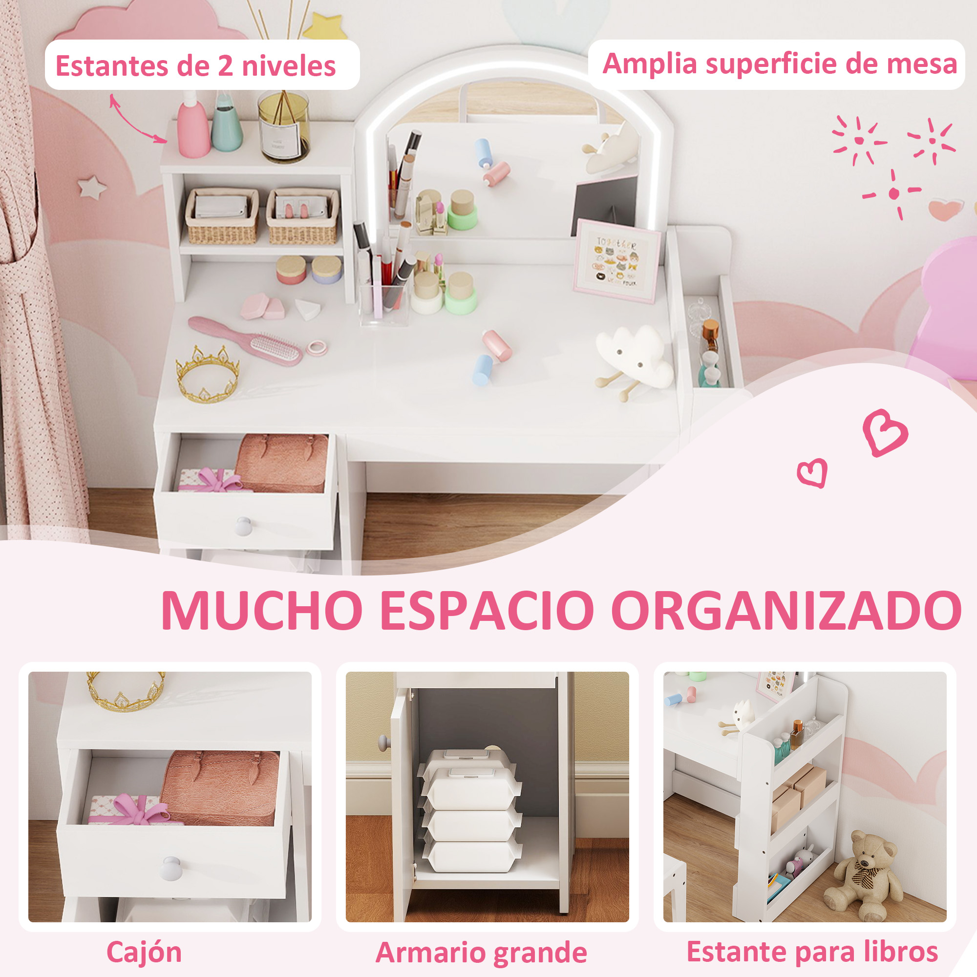 Tocador blanco con espejo, cajones, estantes y accesorios.