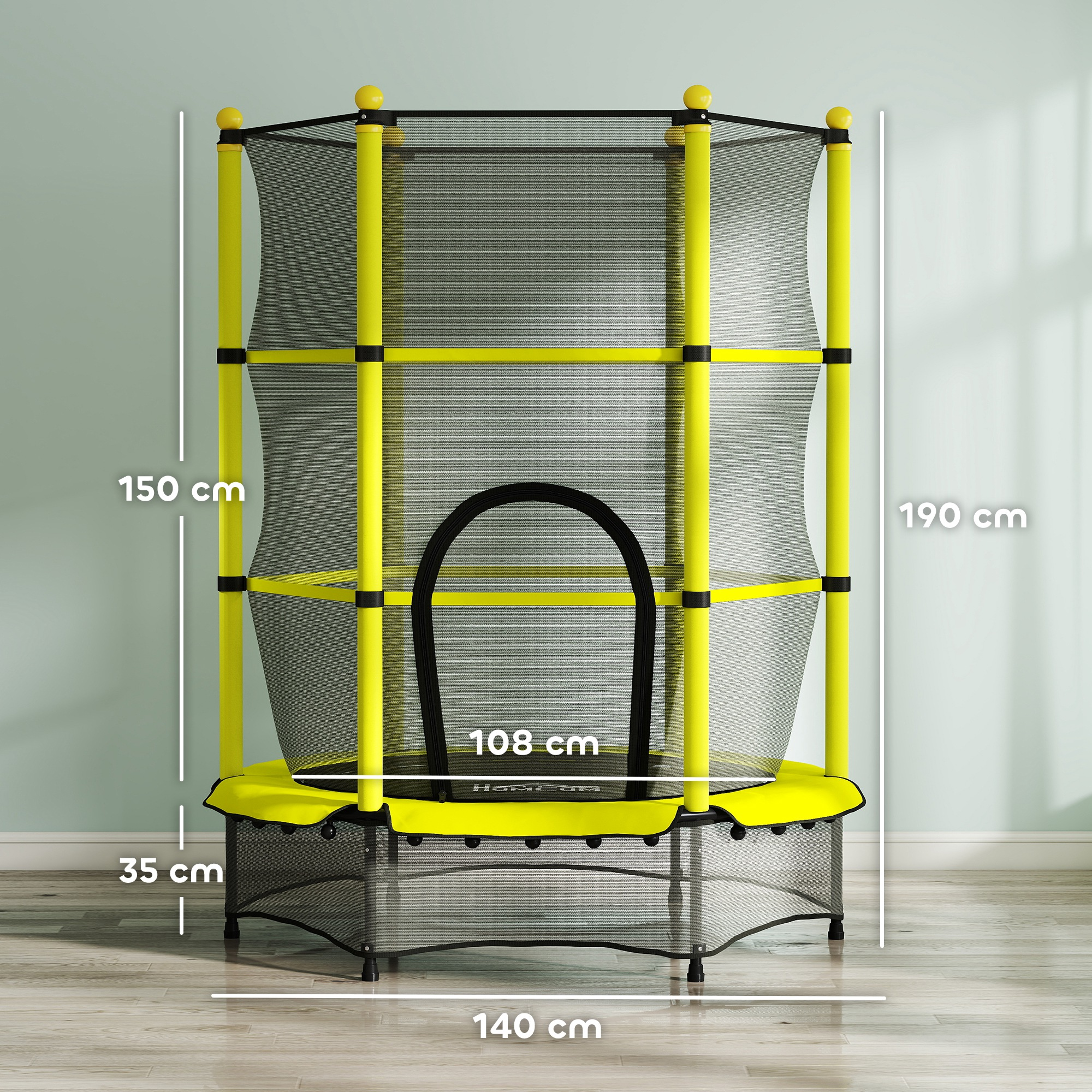 Un trampolín amarillo y negro con red de seguridad. Dimensiones etiquetadas.