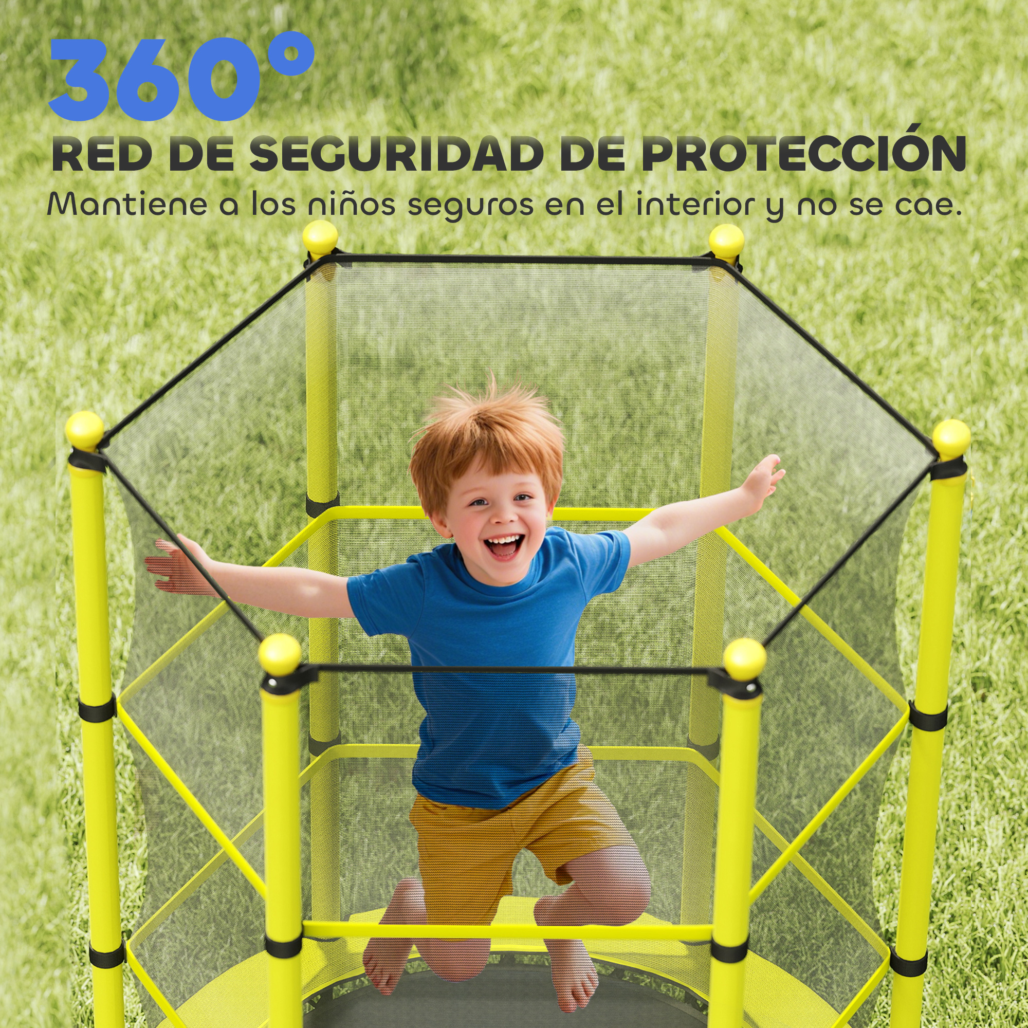 Un niño salta en un trampolín con red de seguridad. Postes amarillos.