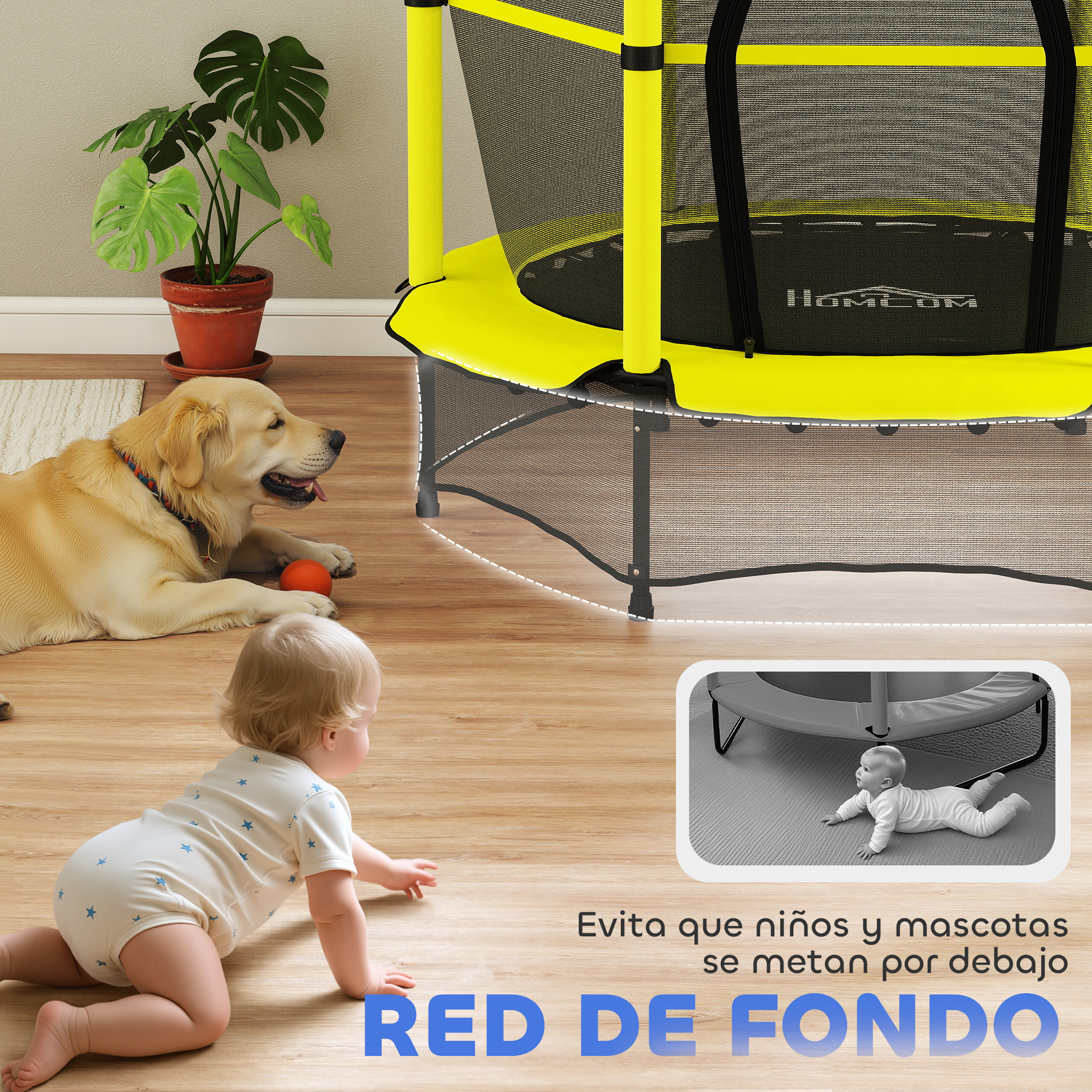Un perro y un bebé gatean en el suelo cerca de una cama elástica.