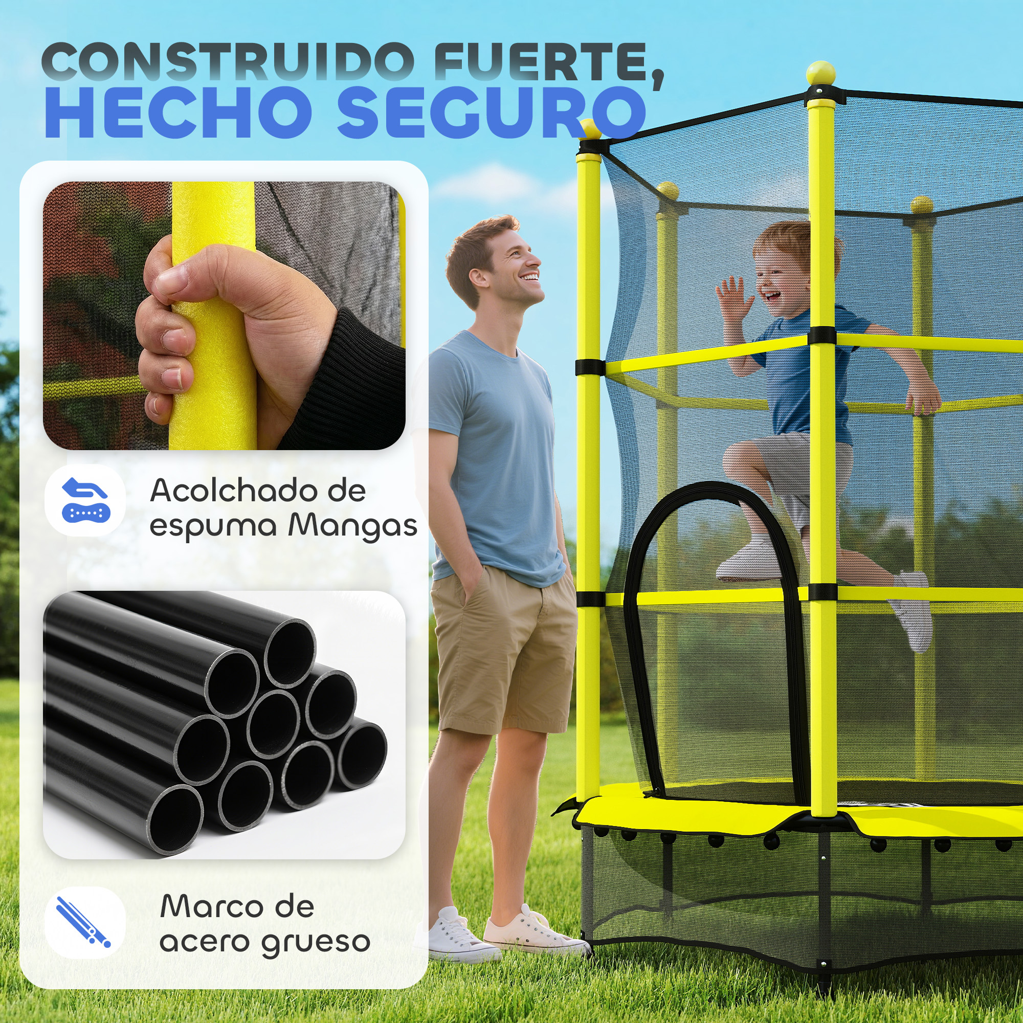 Un hombre mira a un niño saltar en un trampolín amarillo con red de seguridad.