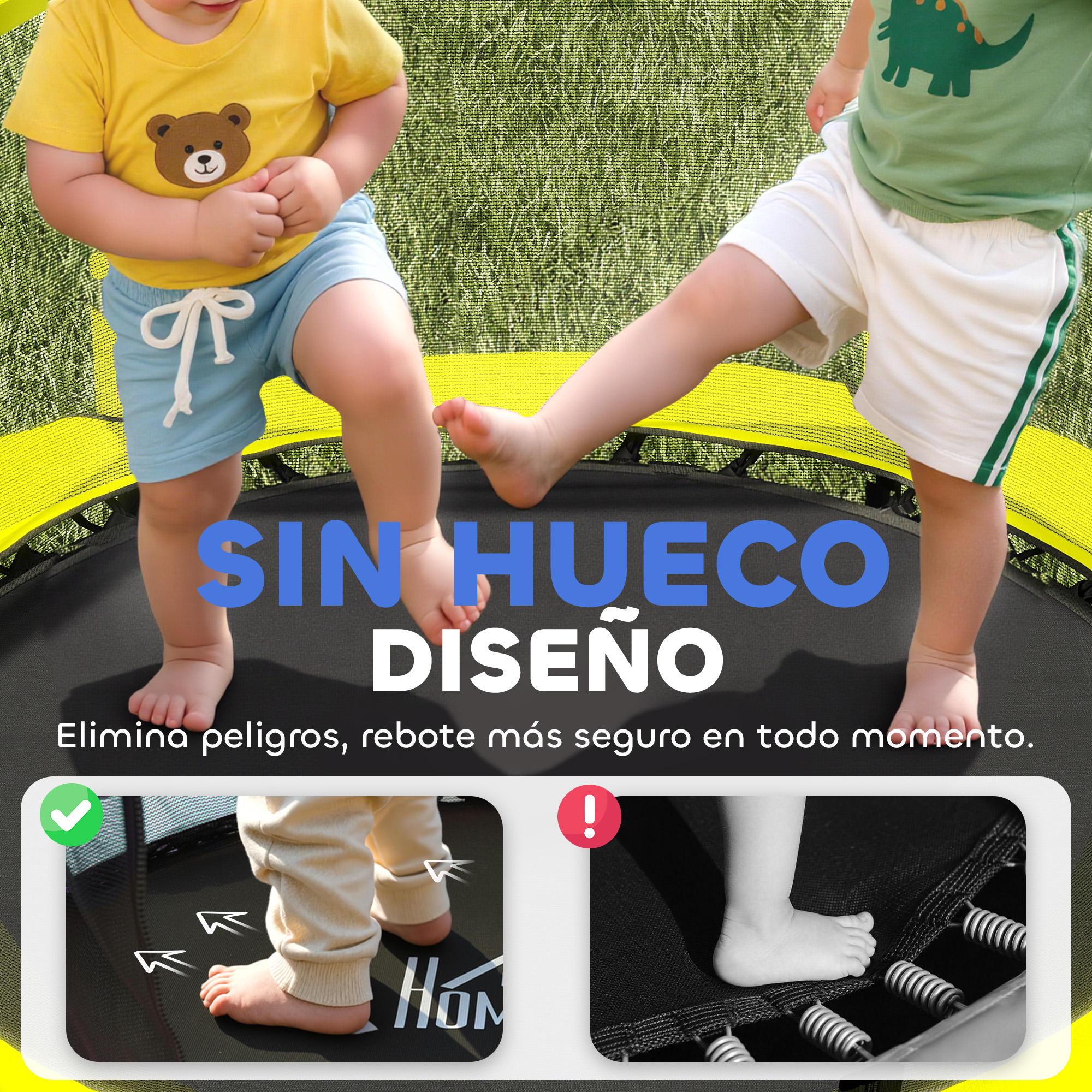 Dos niños pequeños en un trampolín. Uno lleva camiseta amarilla con oso, el otro verde con dinosaurio.