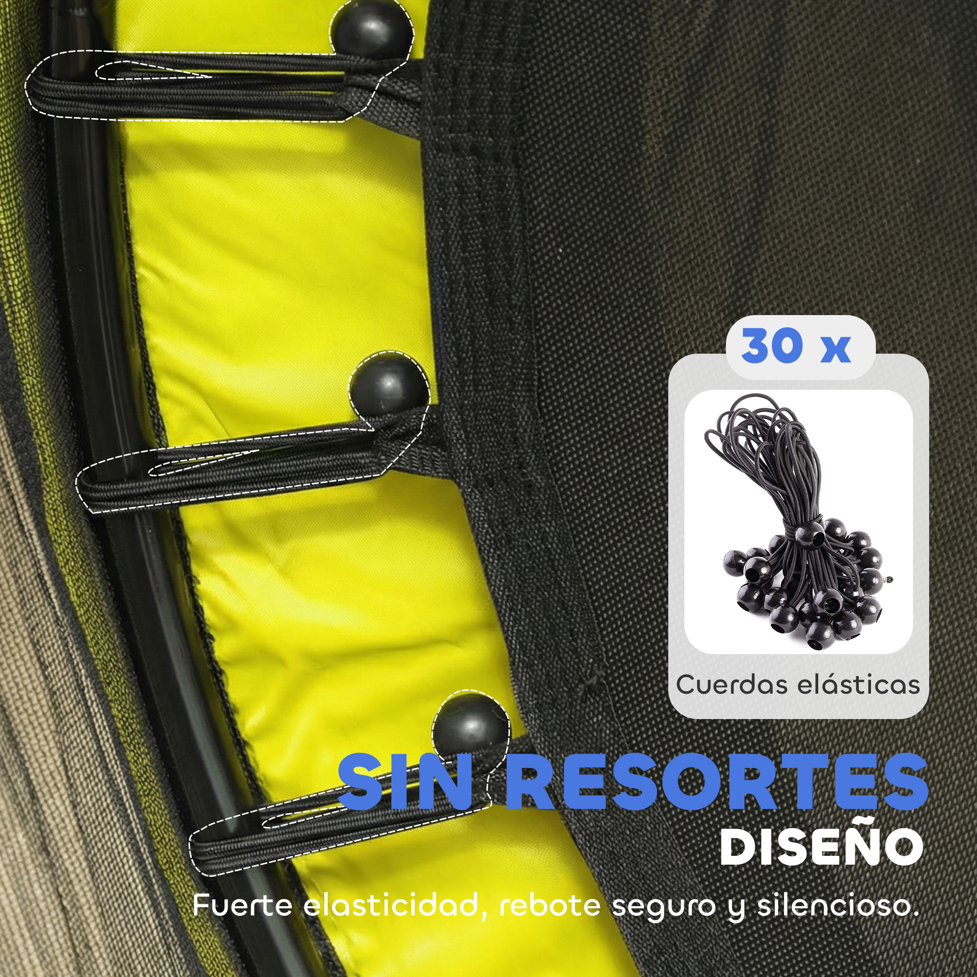 Primer plano de un trampolín con cuerdas elásticas en lugar de resortes.