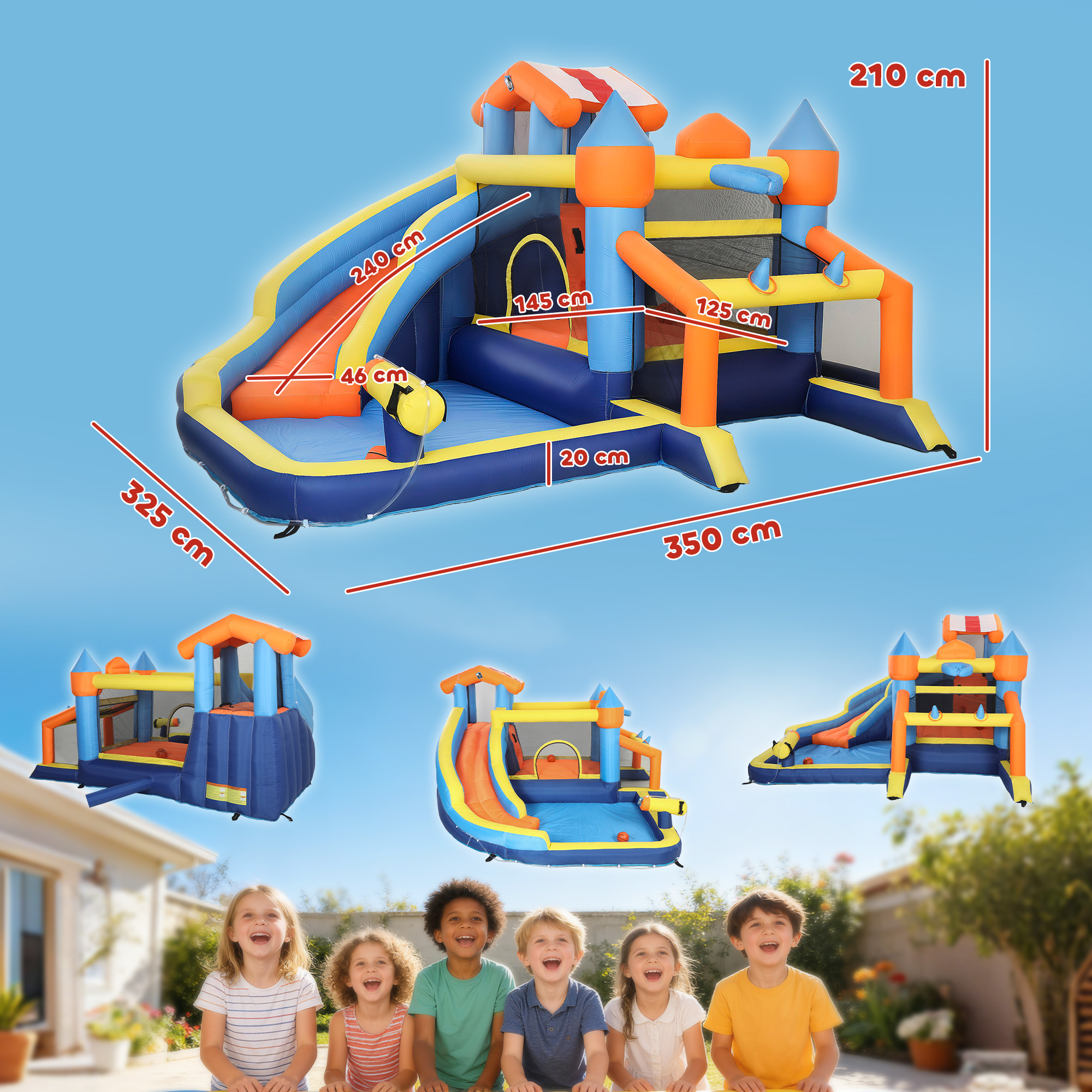 Castillo inflable con tobogán, piscina y dimensiones.