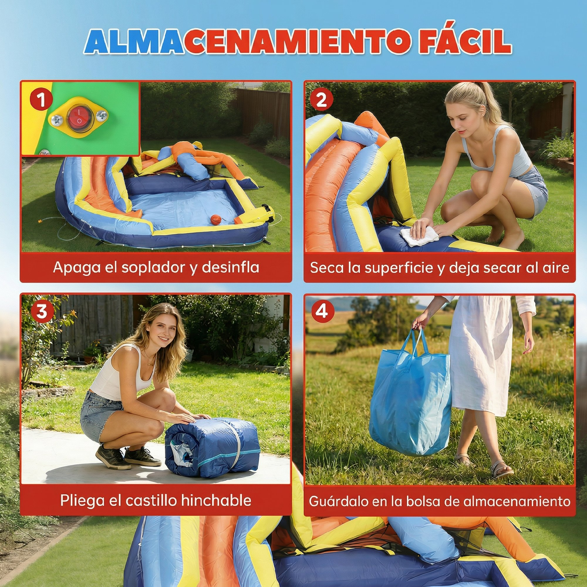 Apagar soplador, desinflar, secar, plegar, guardar inflable.