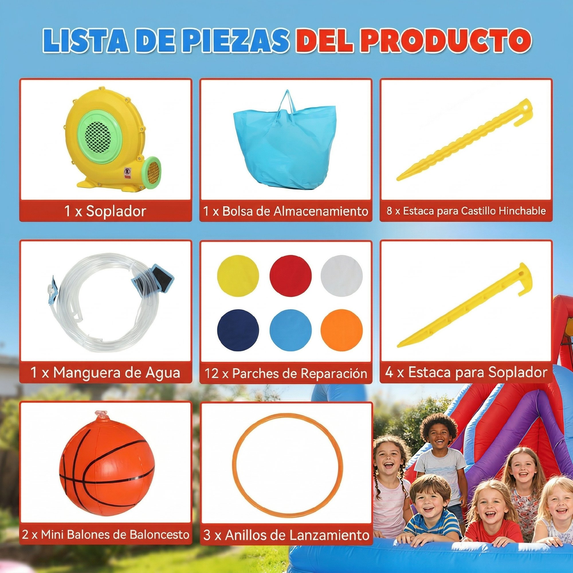 Accesorios del producto: soplador, bolsa, estacas, manguera, parches, balones, anillos. Niños ríen.