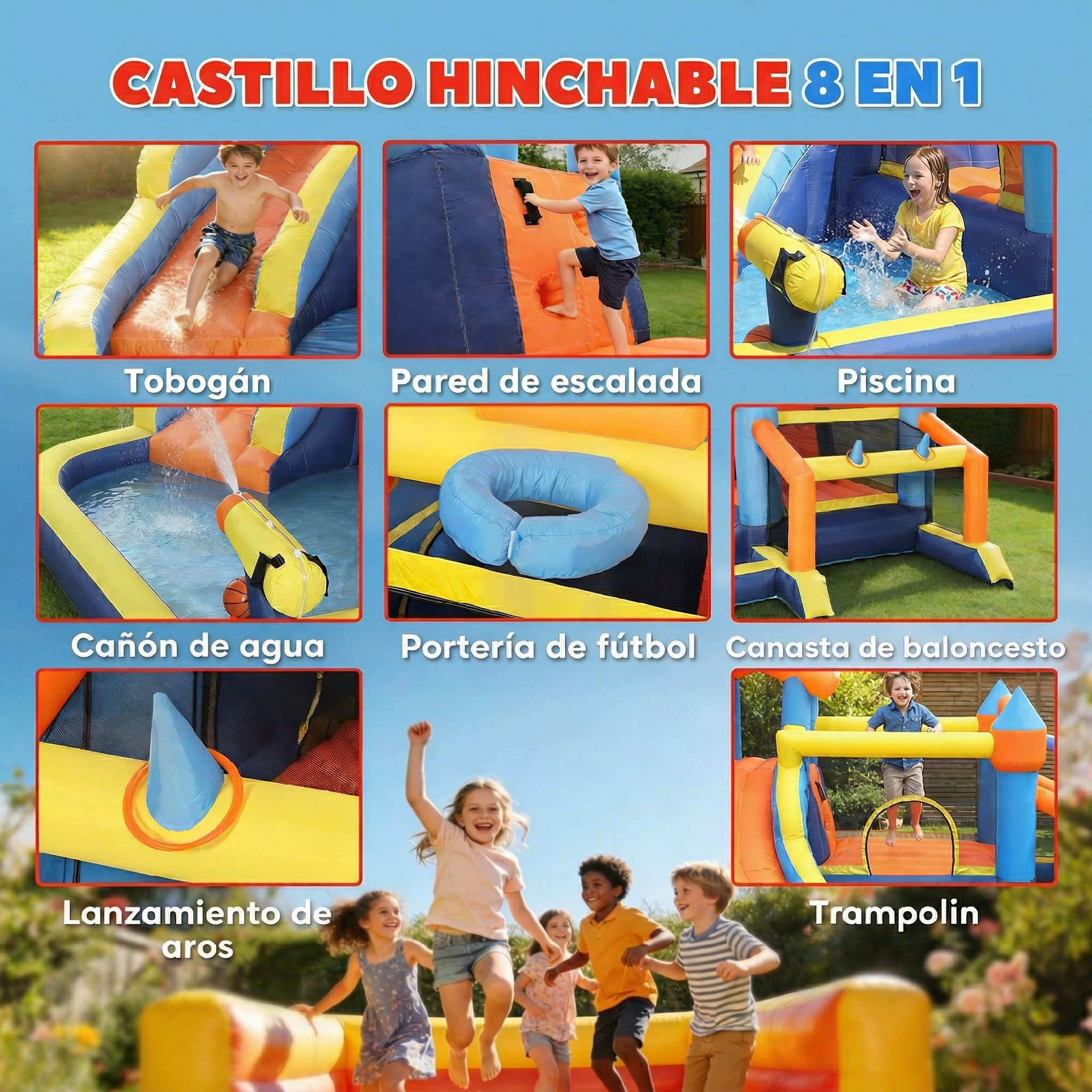 Castillo hinchable con 8 funciones: tobogán, pared de escalada, piscina, cañón de agua, portería, canasta, lanzamiento de aros.