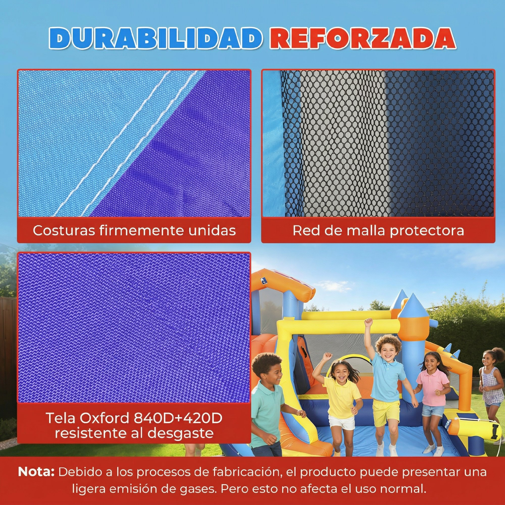 Durabilidad reforzada: niños en castillo inflable, detalles de tela.