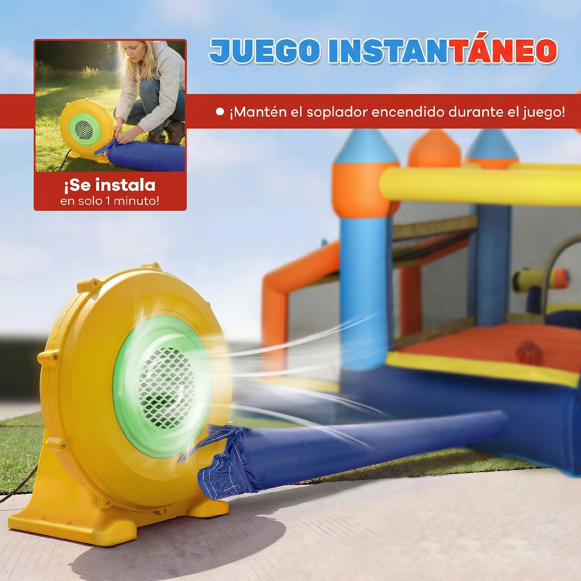 Manguera de soplador amarilla conectada a estructura de juego inflable.
