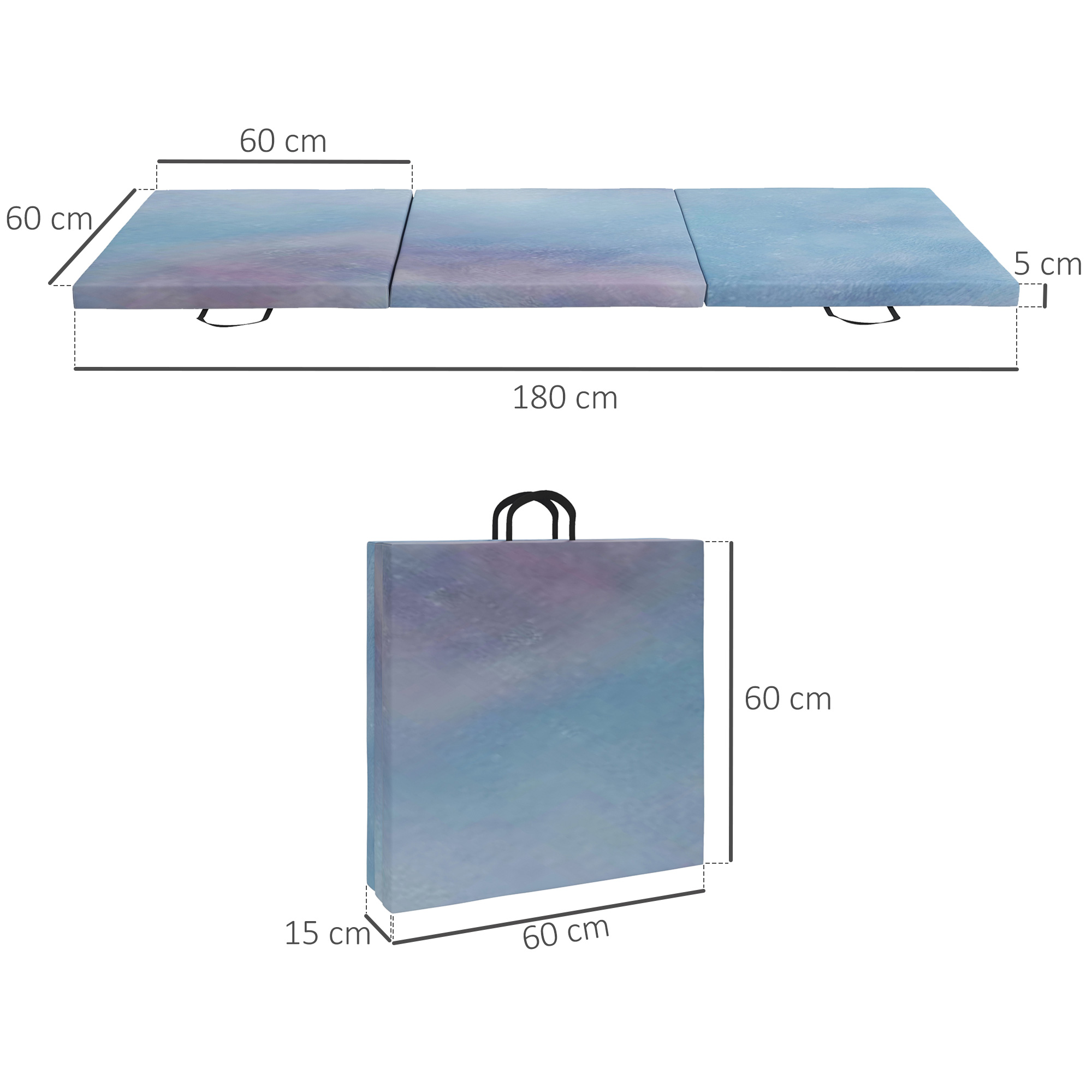 Esterilla desplegada, 180x60x5cm. Esterilla plegada, 60x60x15cm, con asas.