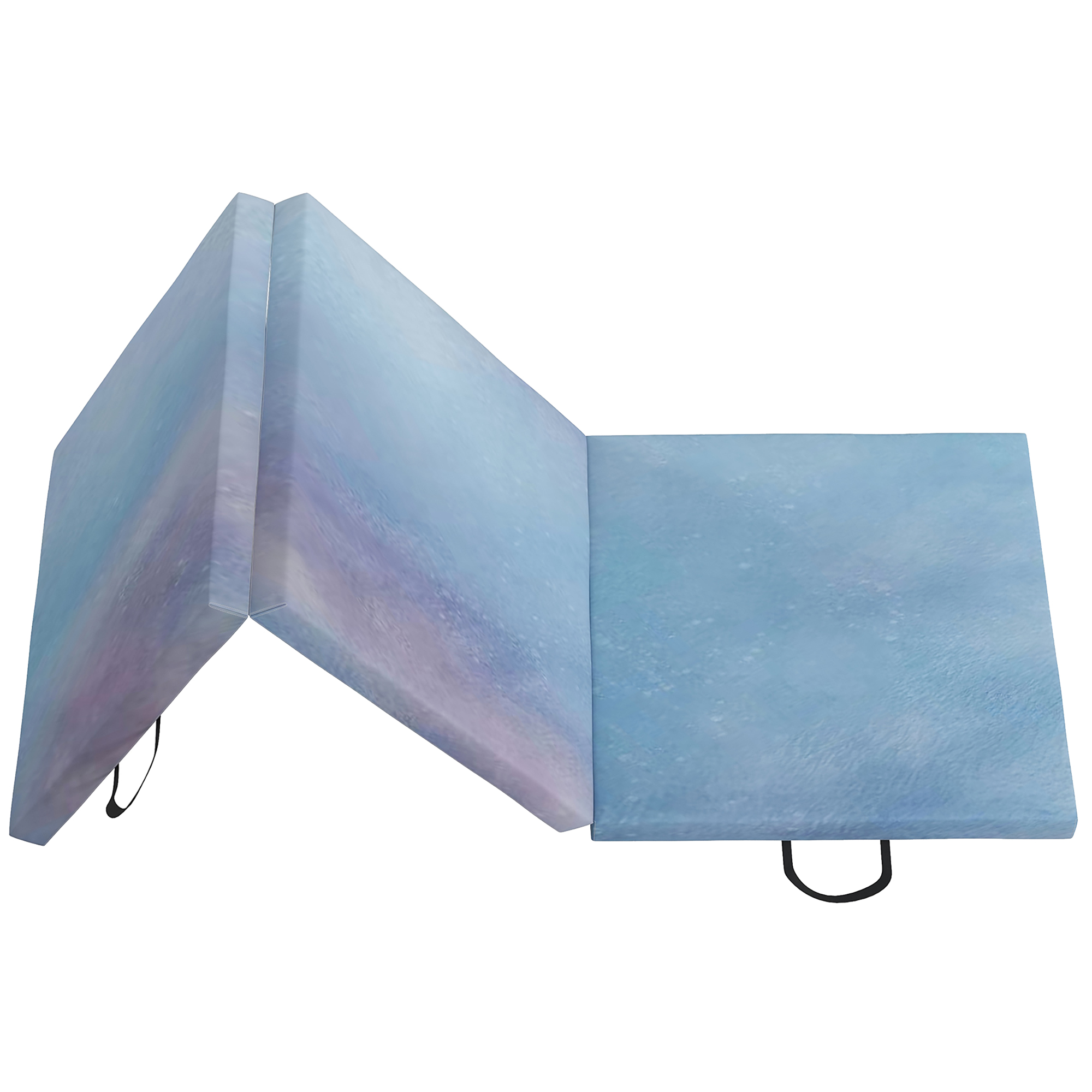 Una colchoneta azul desplegada con asas, sobre fondo blanco.
