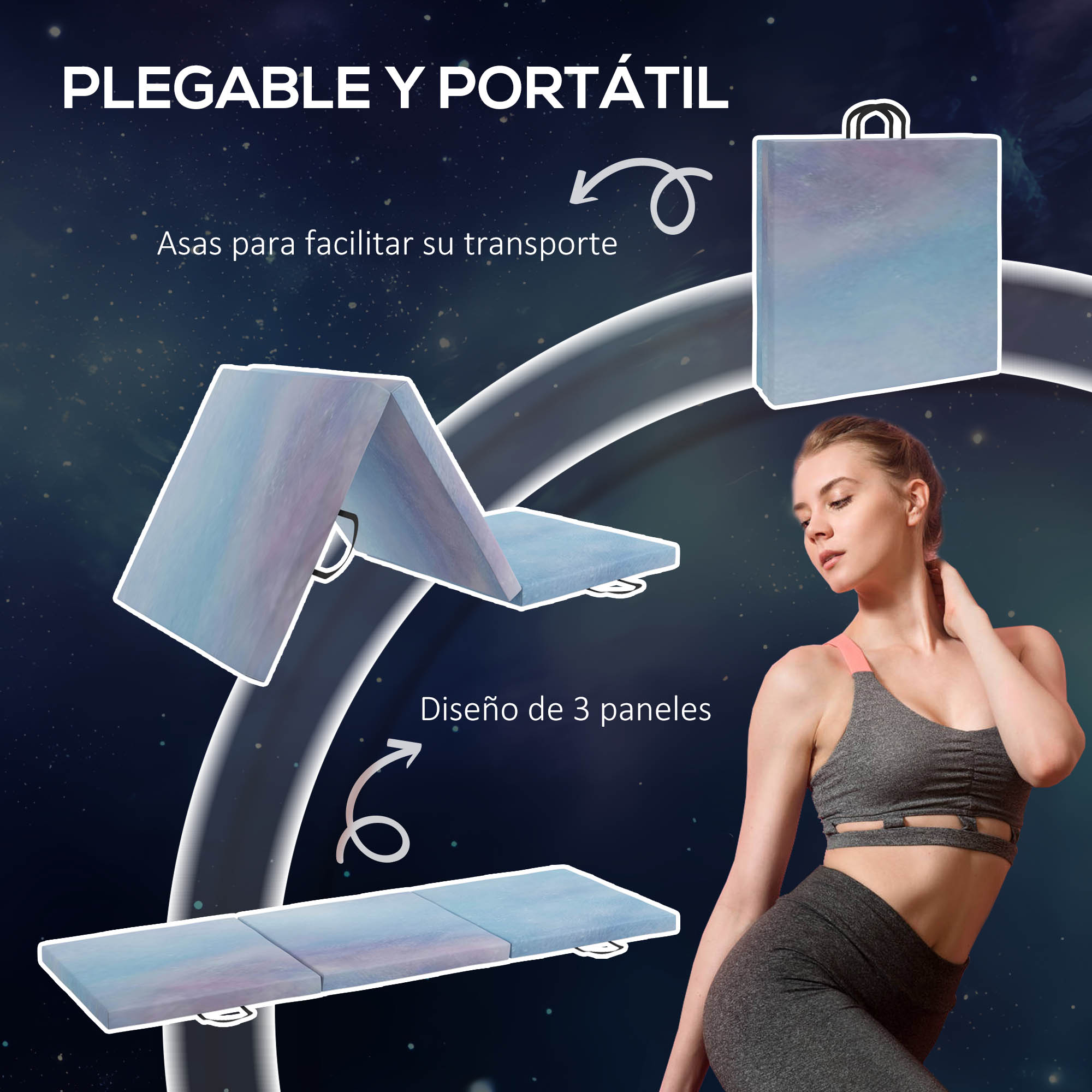Una mujer con ropa deportiva posa cerca de un tapete de yoga plegable en tonos pastel.