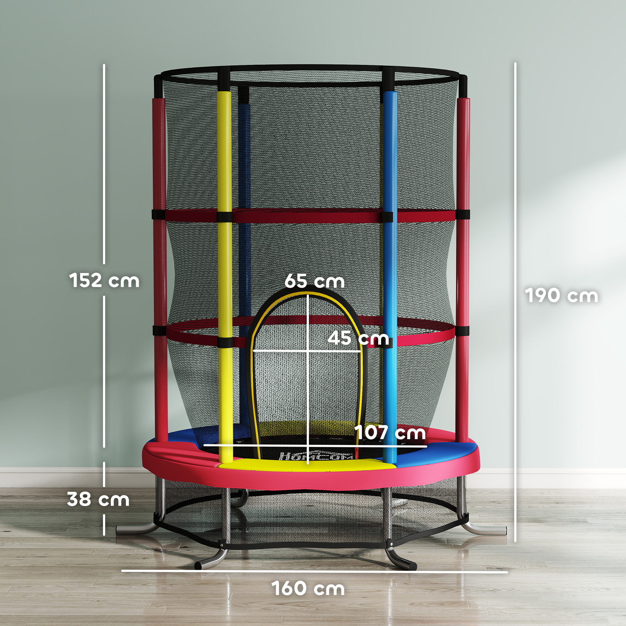 Un trampolín redondo con red de seguridad, postes rojos, azules y amarillos.