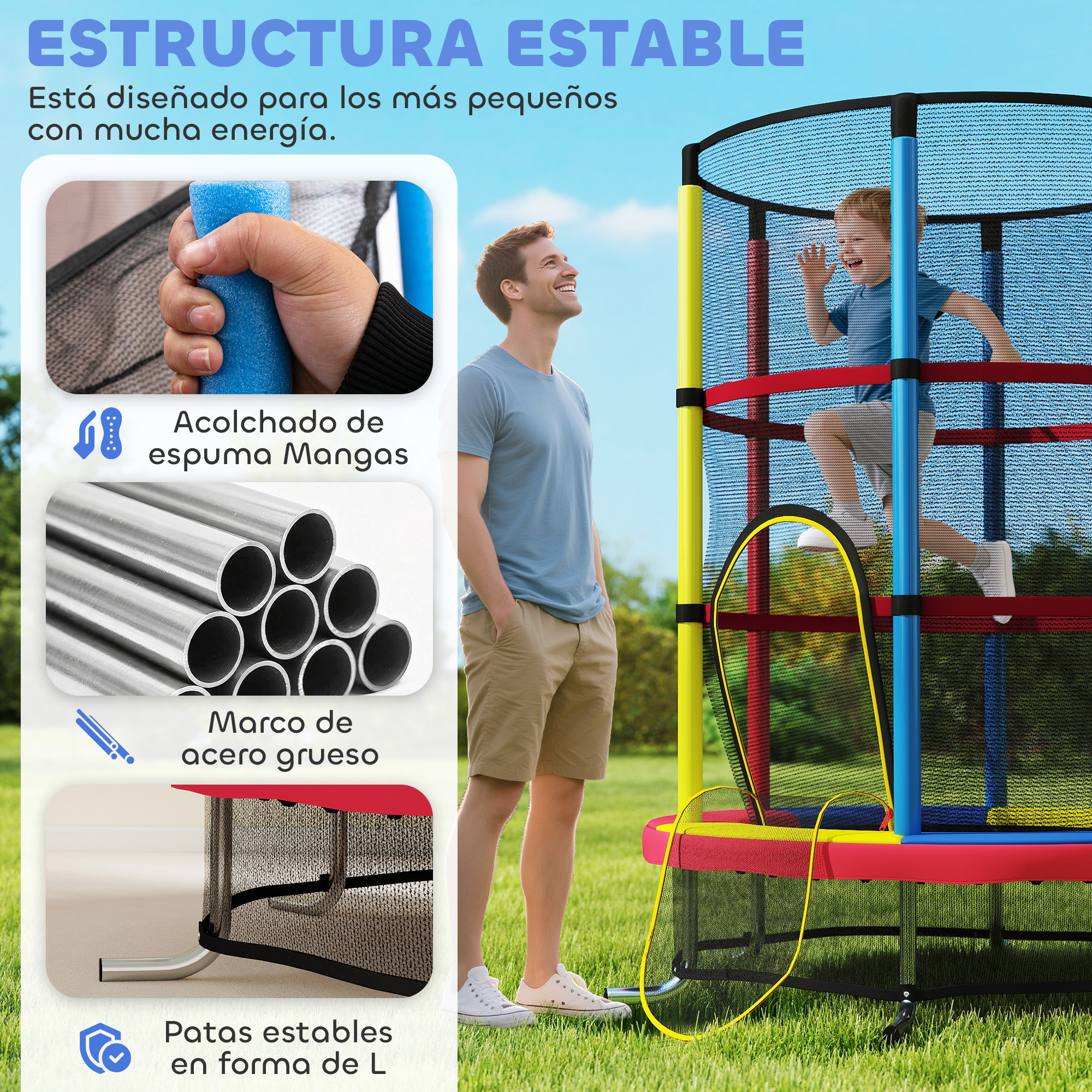 Un hombre observa a un niño jugar en un trampolín colorido. Detalles: acolchado de espuma, marco de metal y patas en L.