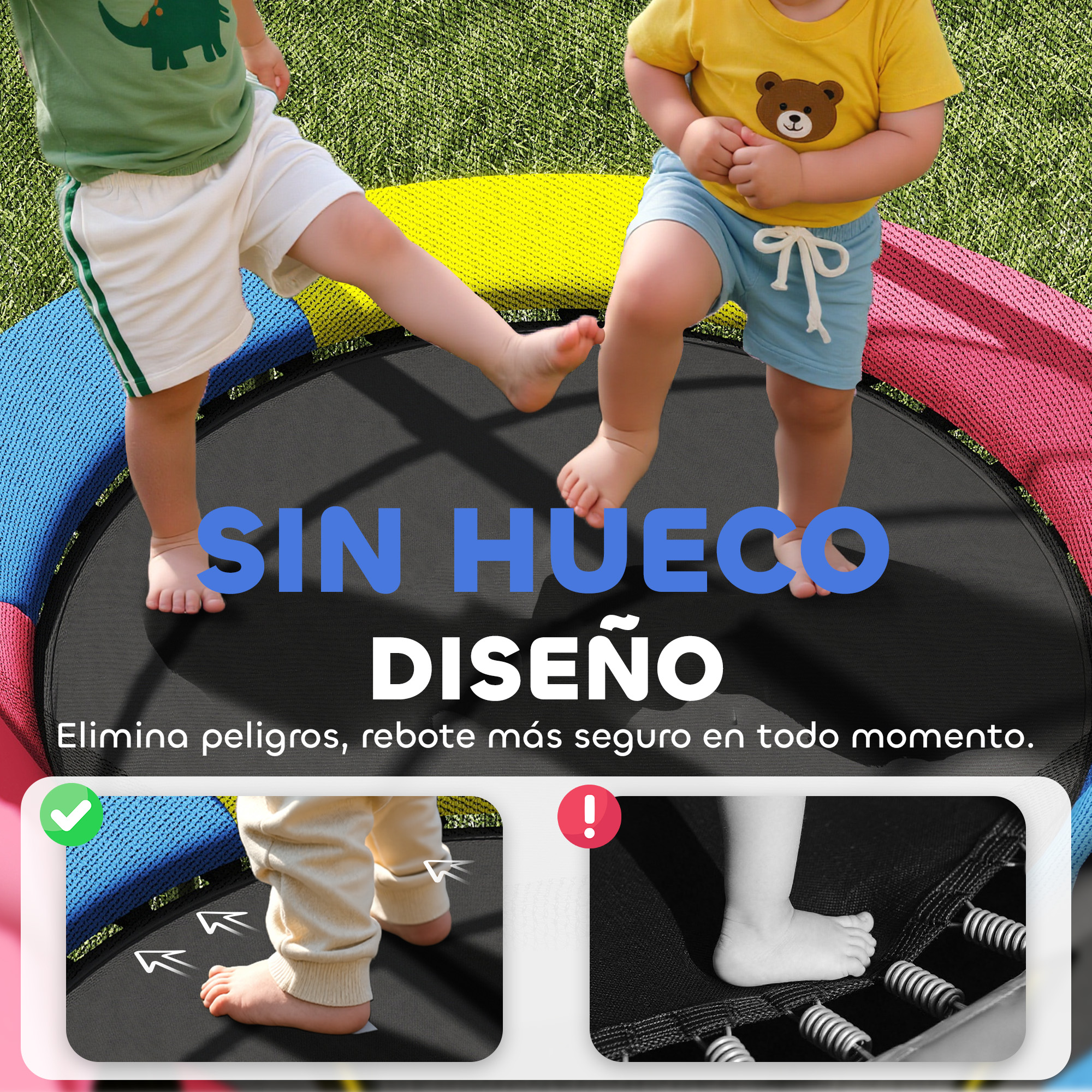 Dos niños pequeños en un trampolín con acolchado colorido, el texto destaca un 'diseño sin huecos' para mayor seguridad.