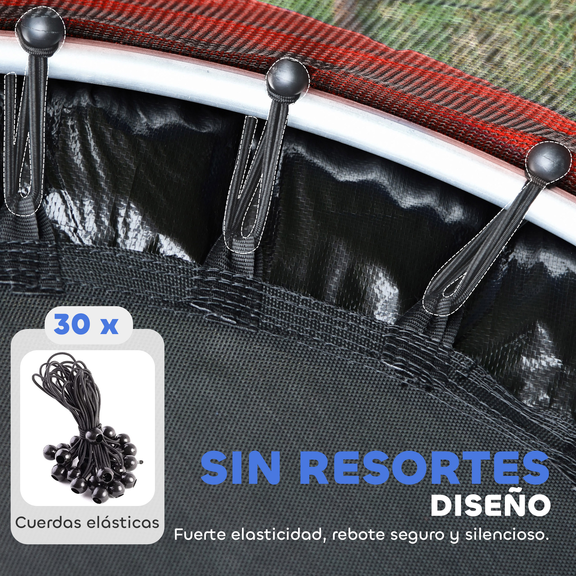 30 cuerdas elásticas con extremos de bola para un rebote seguro.
