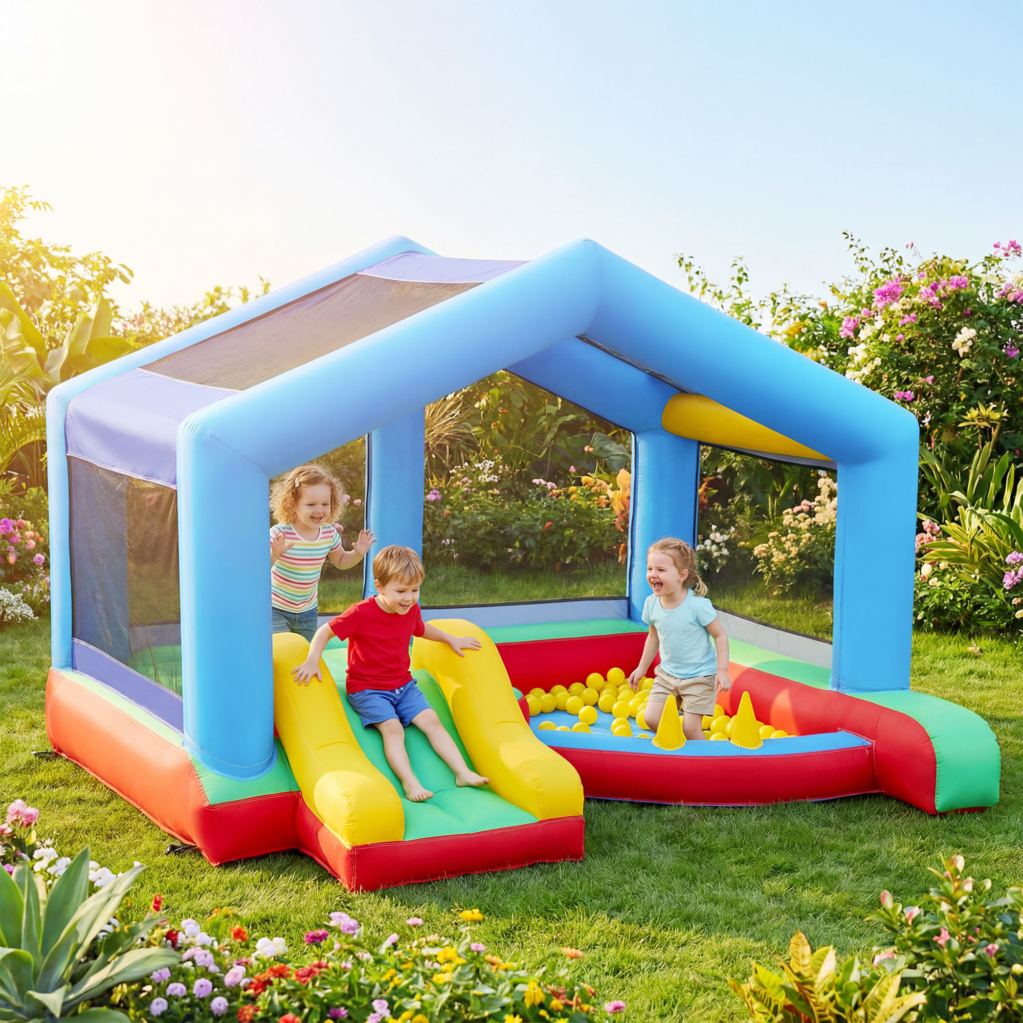 Niños juegan en un castillo inflable colorido con tobogán y piscina de bolas.