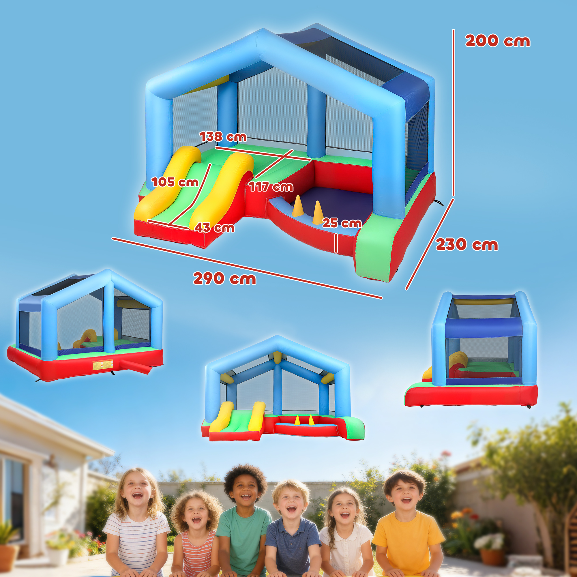 Casa inflable con toboganes y piscina, mostrada con dimensiones y niños felices.