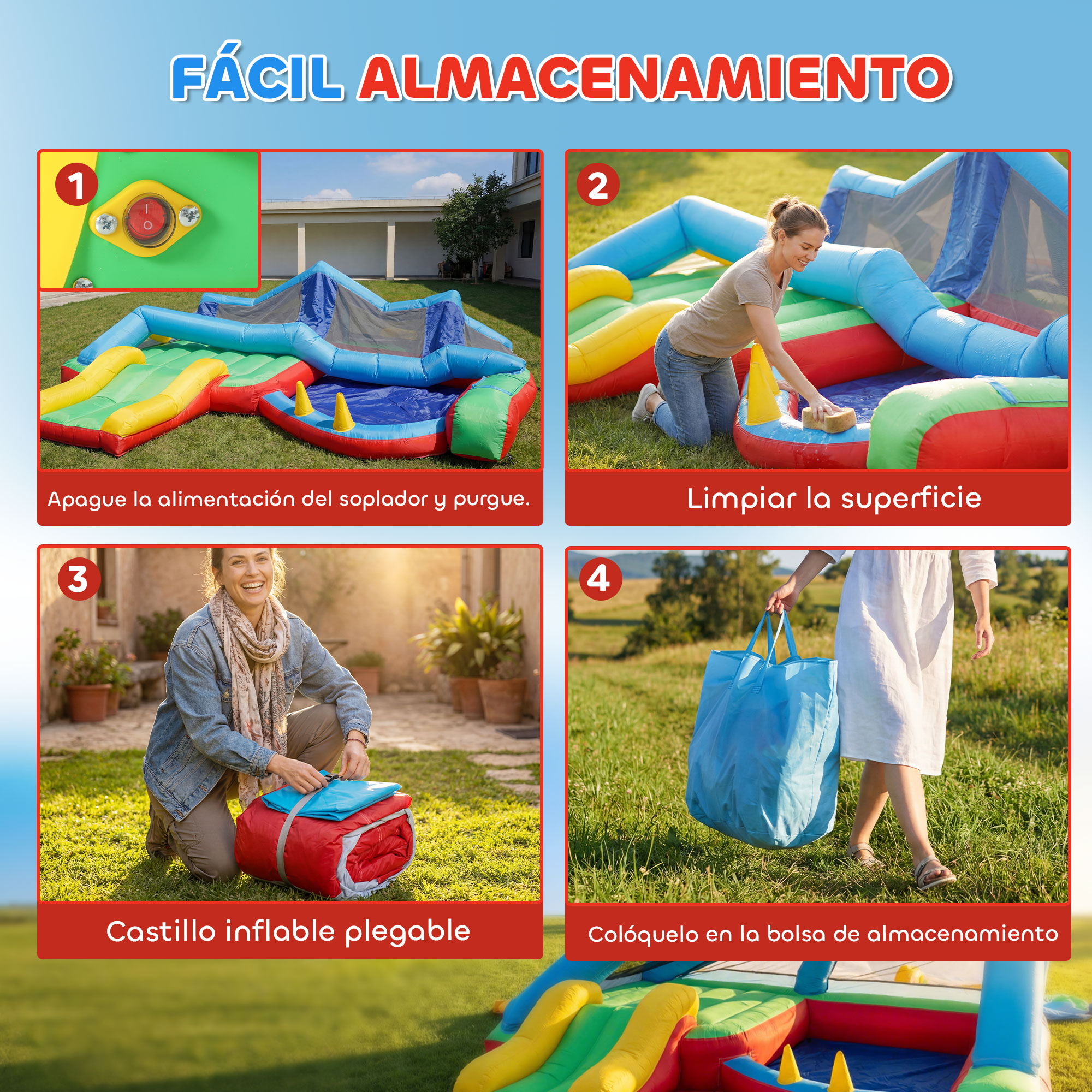 Instrucciones para inflar: Interruptor, limpiar, plegar, guardar.