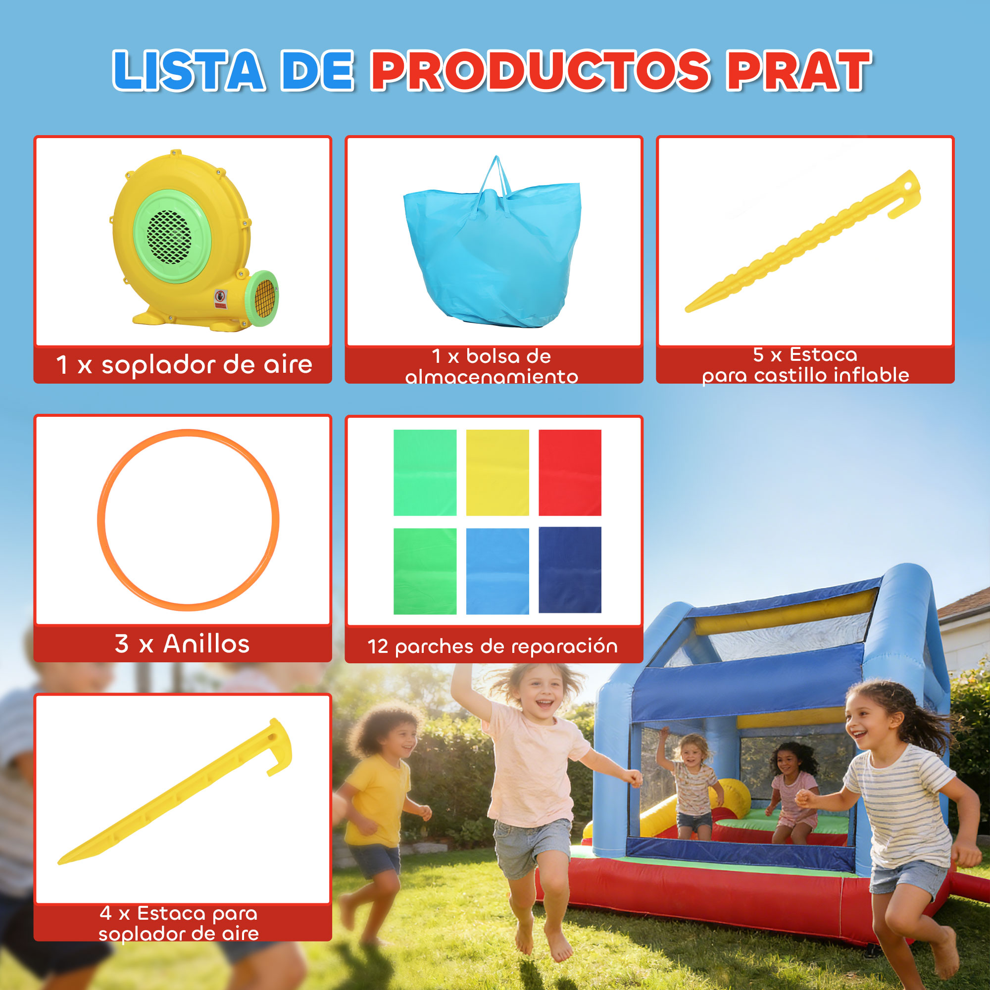 Un soplador amarillo, bolsa azul, estacas amarillas, anillos y parches.