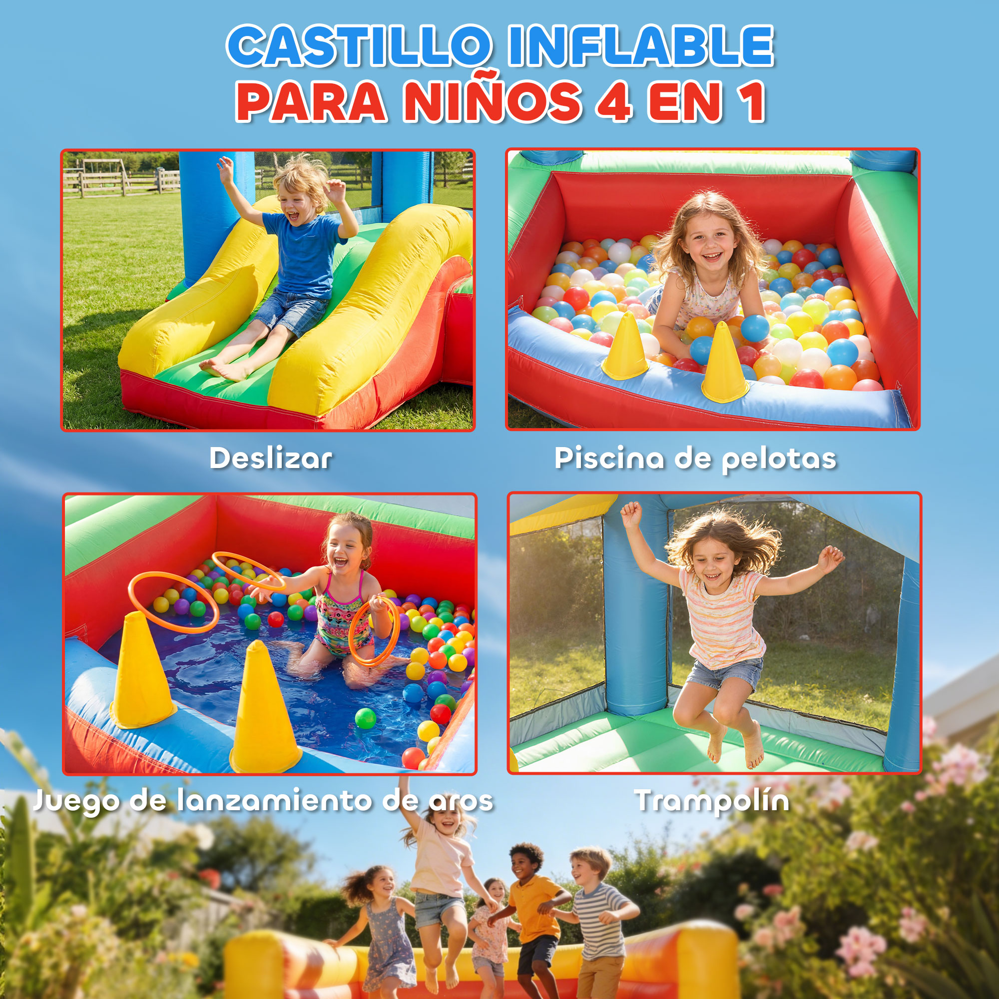 Castillo inflable 4 en 1 con tobogán, piscina de pelotas, aro y trampolín.