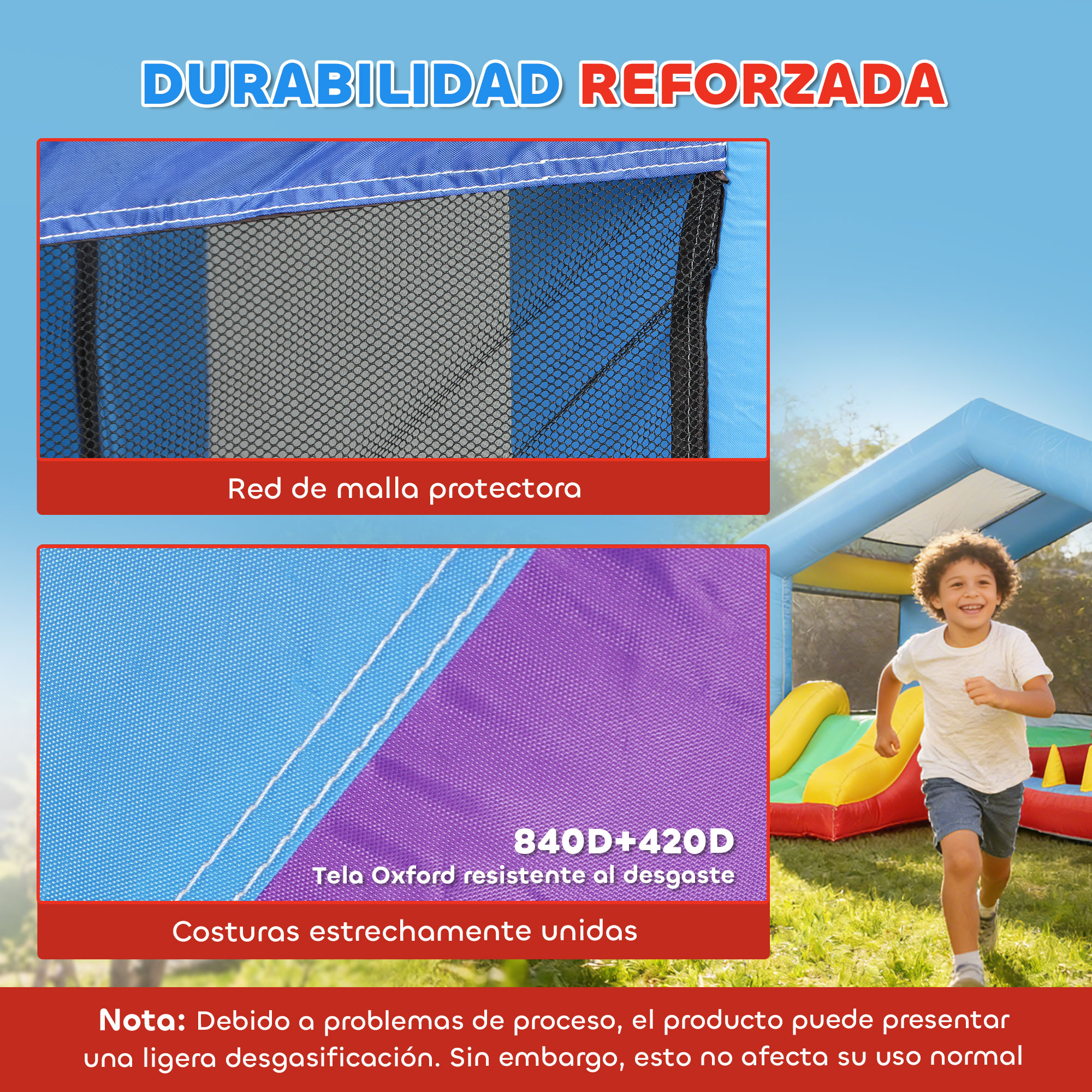 Niño corriendo feliz en tobogán inflable con texto sobre durabilidad.