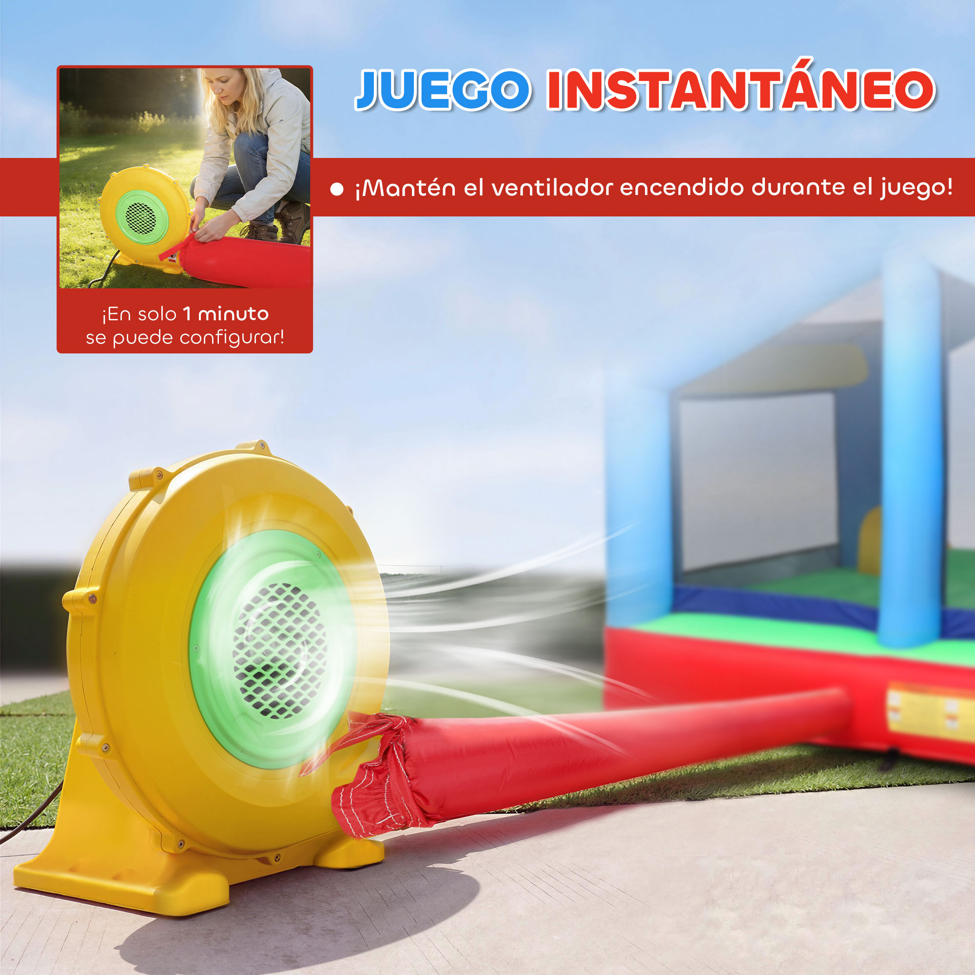 Manguera de ventilador amarilla unida a casa inflable con tubo rojo y flujo de aire.
