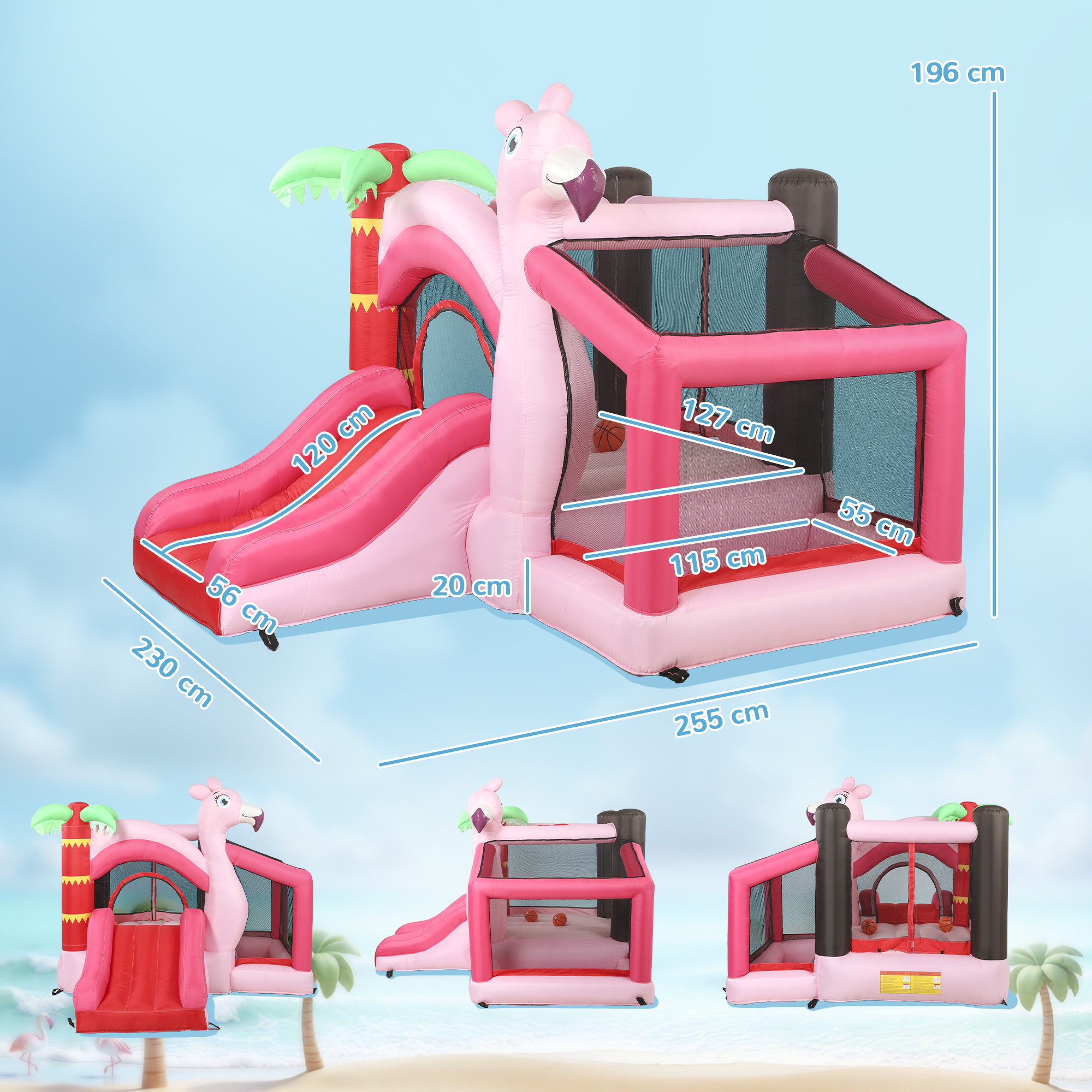 Castillo hinchable de flamenco con tobogán y dimensiones.