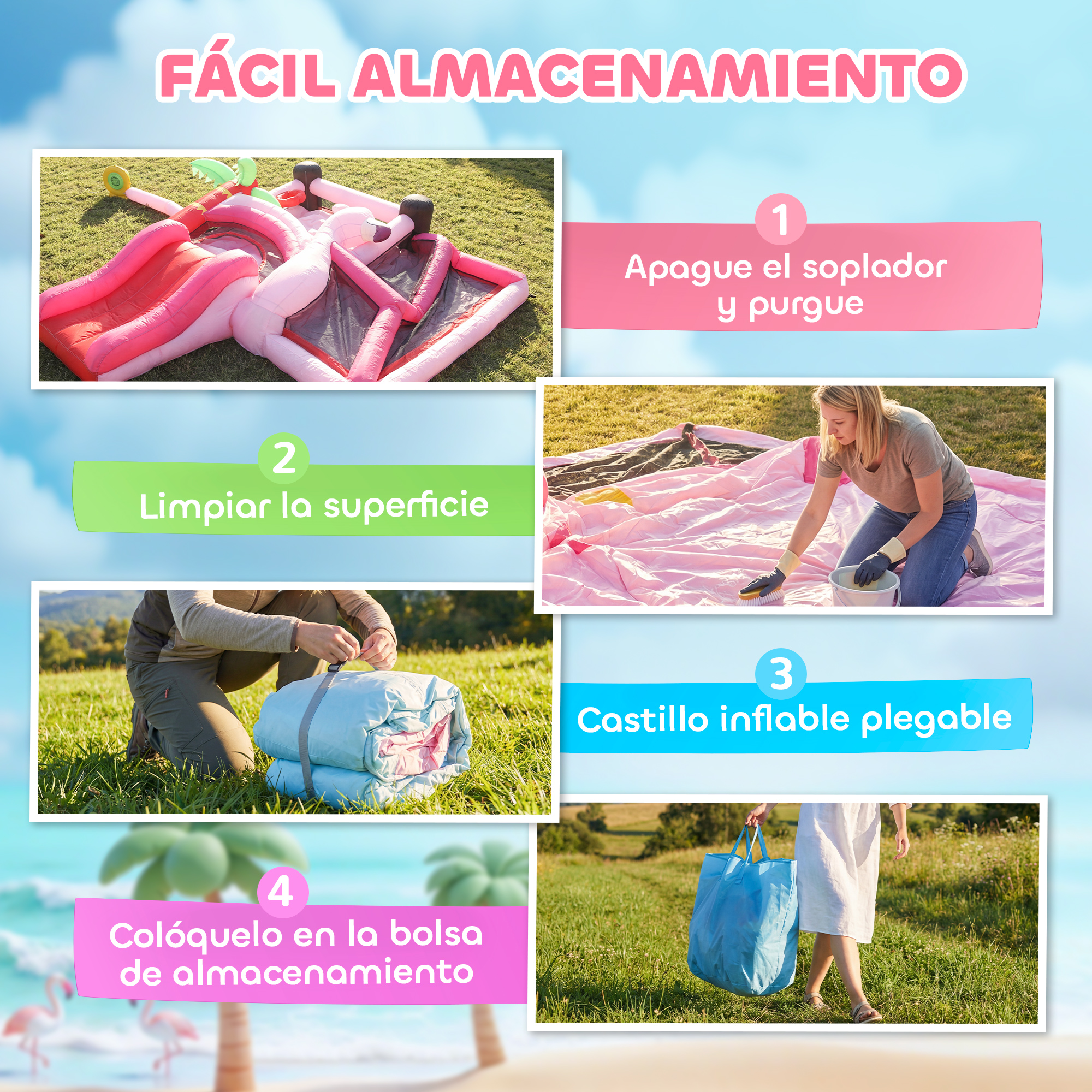 Instrucciones para guardar fácilmente un castillo inflable en cuatro pasos.