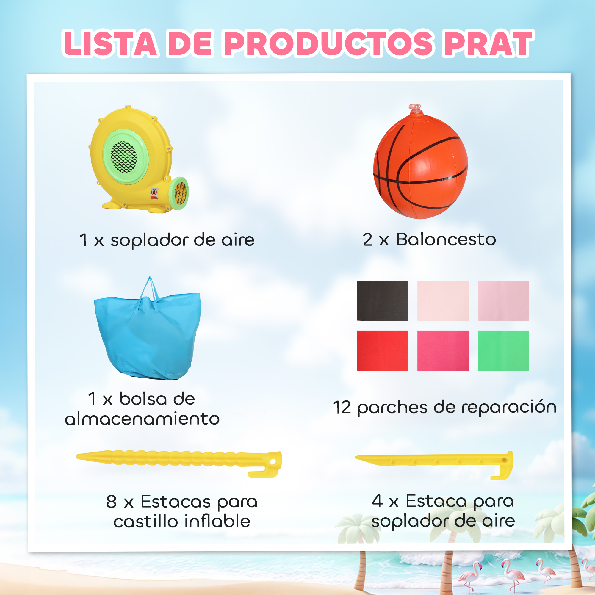 Lista de productos: soplador de aire, baloncesto, bolsa, parches, estacas.