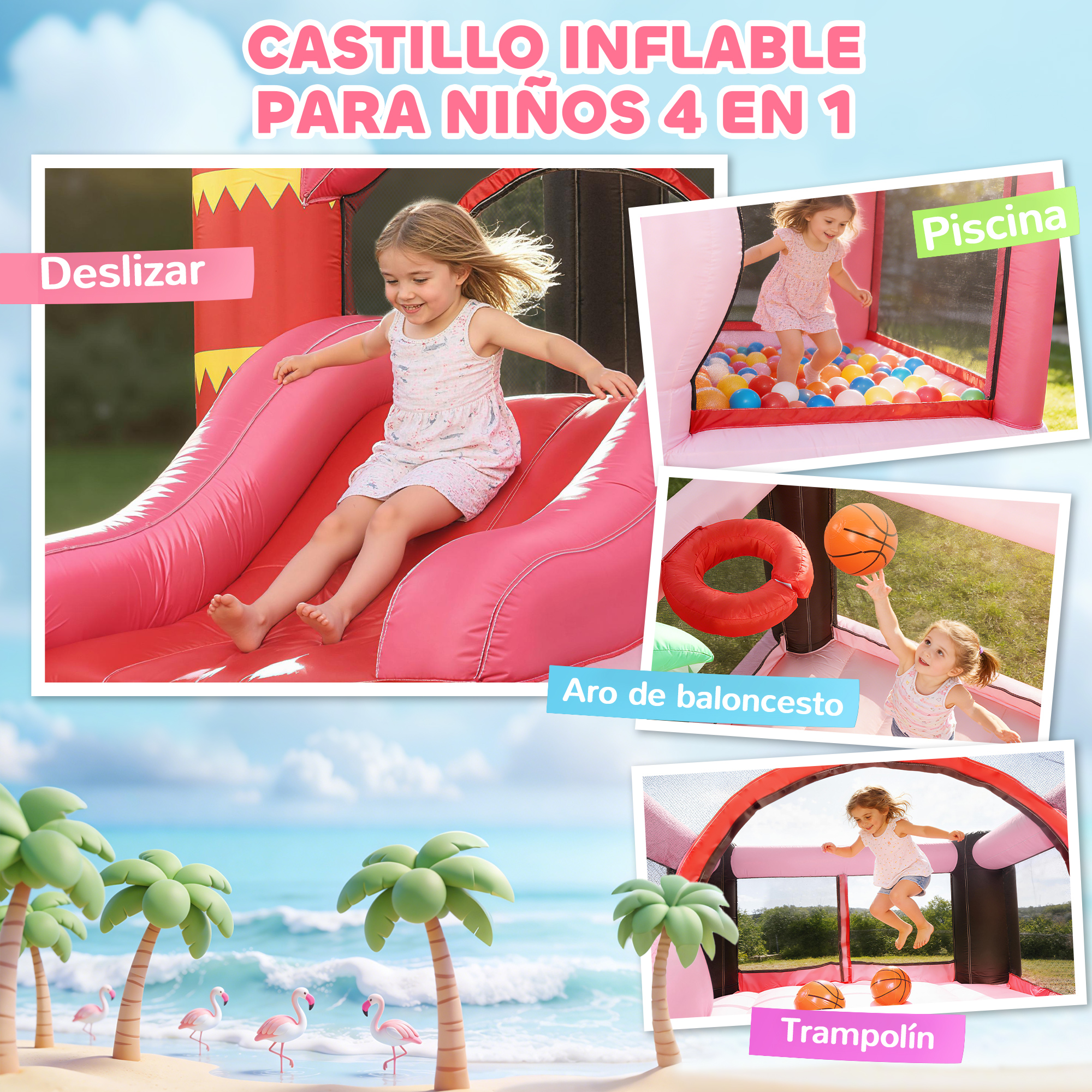 Castillo inflable con tobogán, piscina de bolas, baloncesto y trampolín.