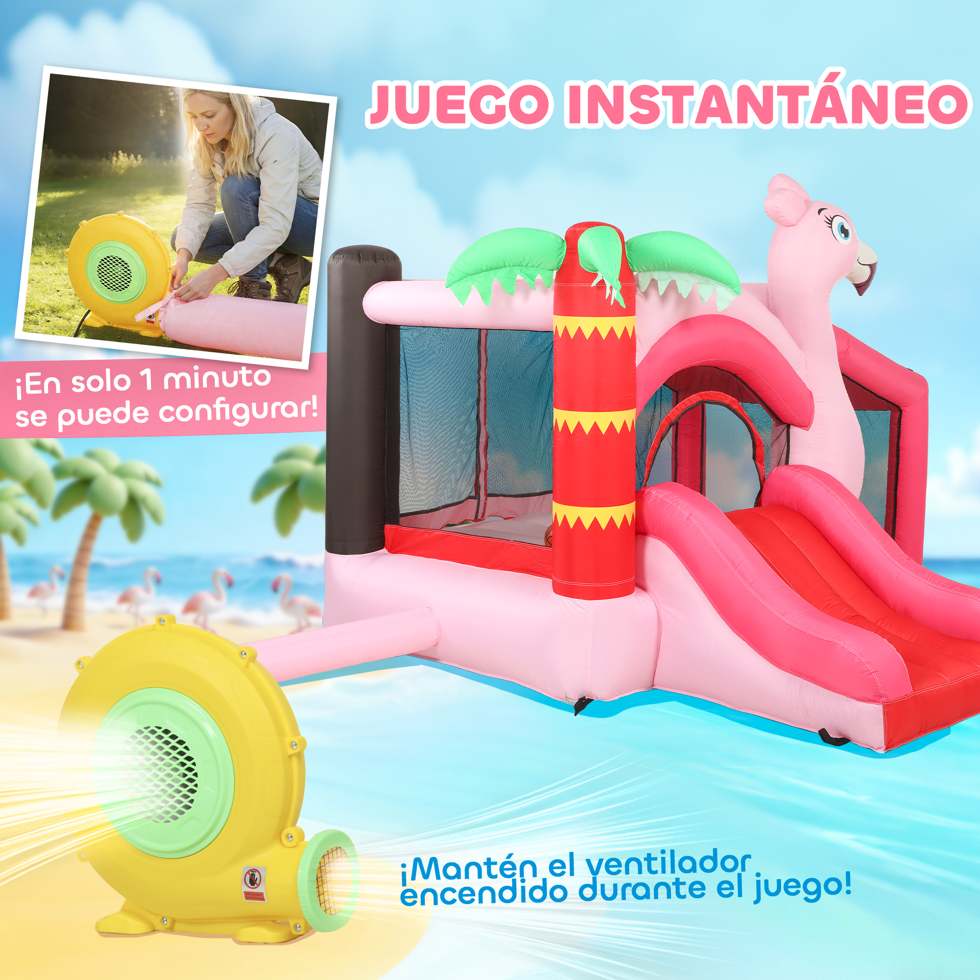 Castillo inflable de flamenco con tobogán y soplador, tema playero.