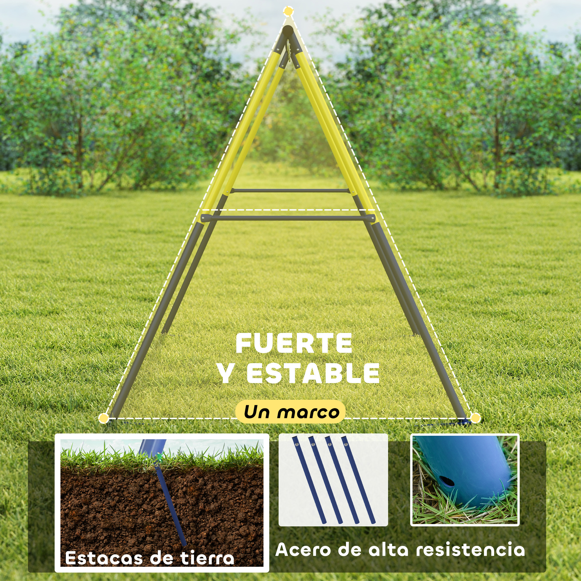 Una estructura amarilla en forma de A se alza sobre hierba. Imágenes insertadas muestran estacas en tierra y barras de acero.