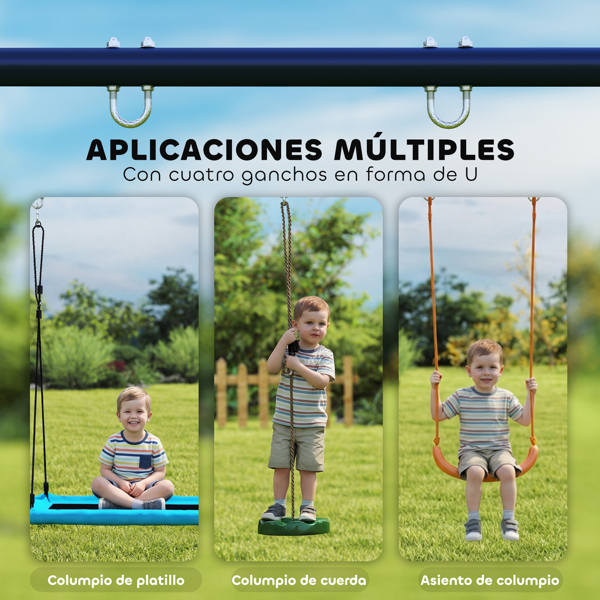 Un niño en tres columpios diferentes: de plato, cuerda y asiento.