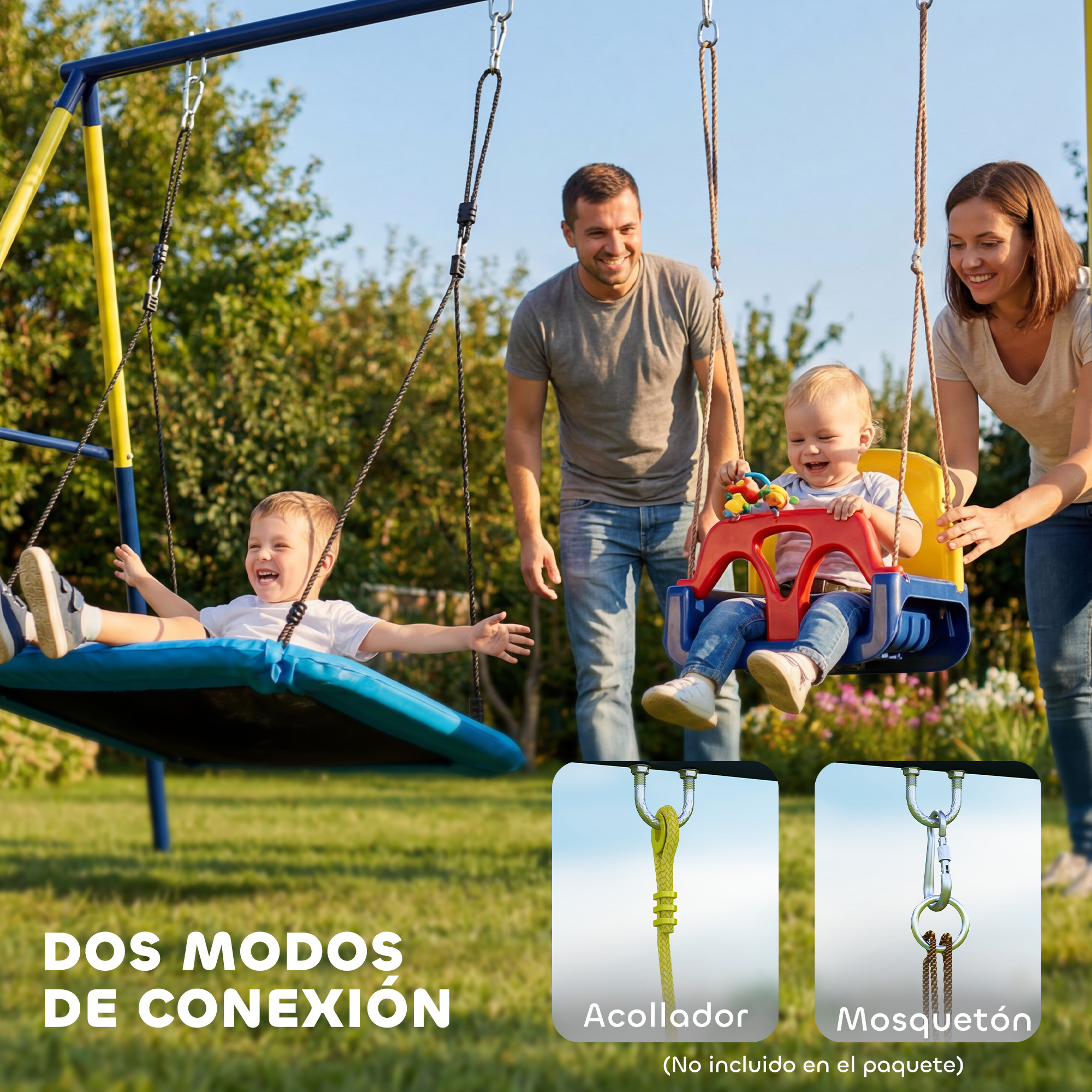 Familia al aire libre: padre, madre y dos niños en un columpio.
