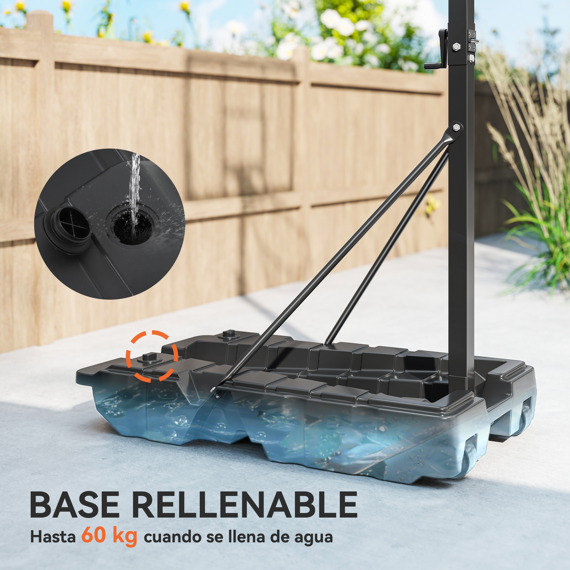 Base negra para aro de baloncesto llenándose de agua. Exterior, valla de madera.