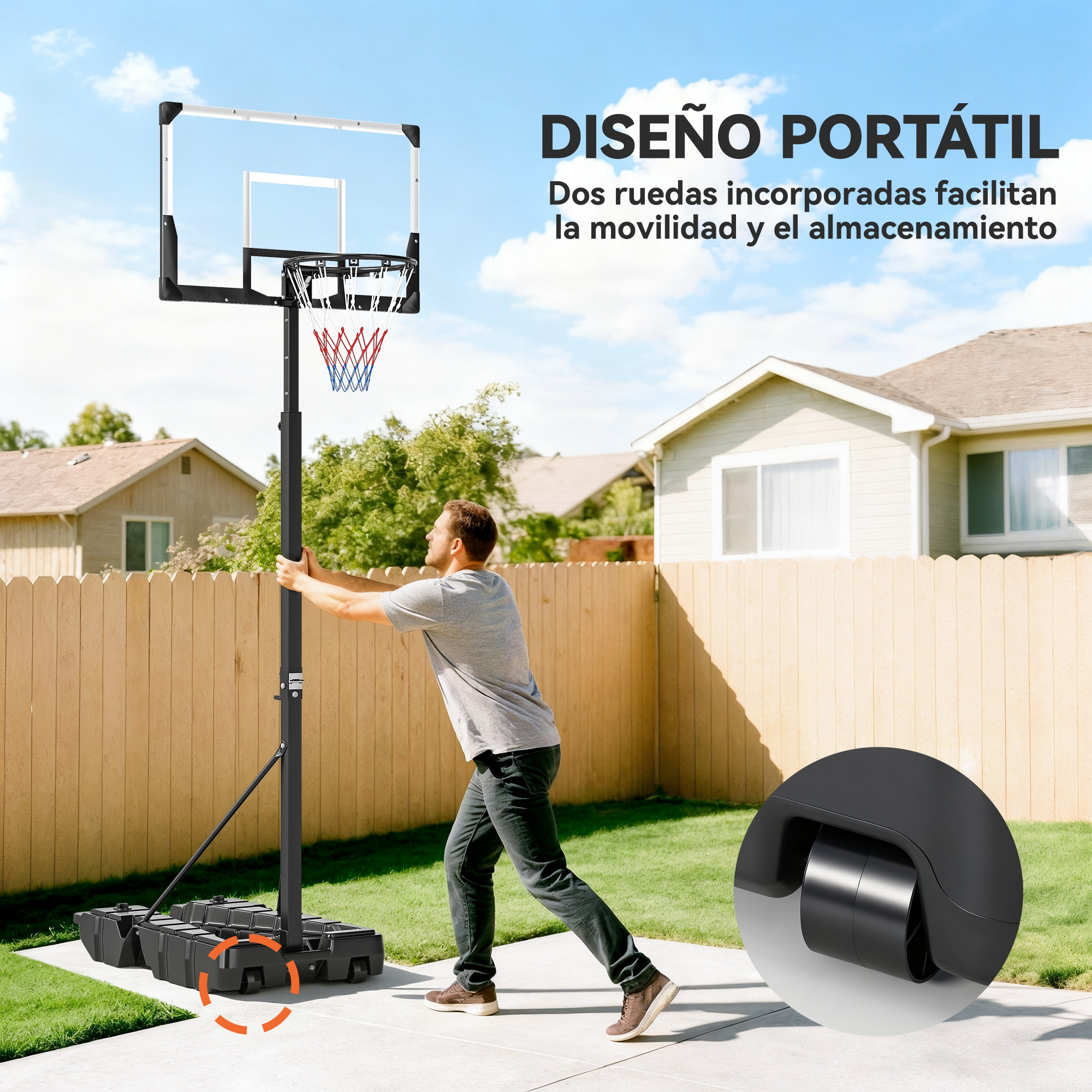 Un hombre empuja un aro de baloncesto portátil en un patio trasero. "Diseño portátil".