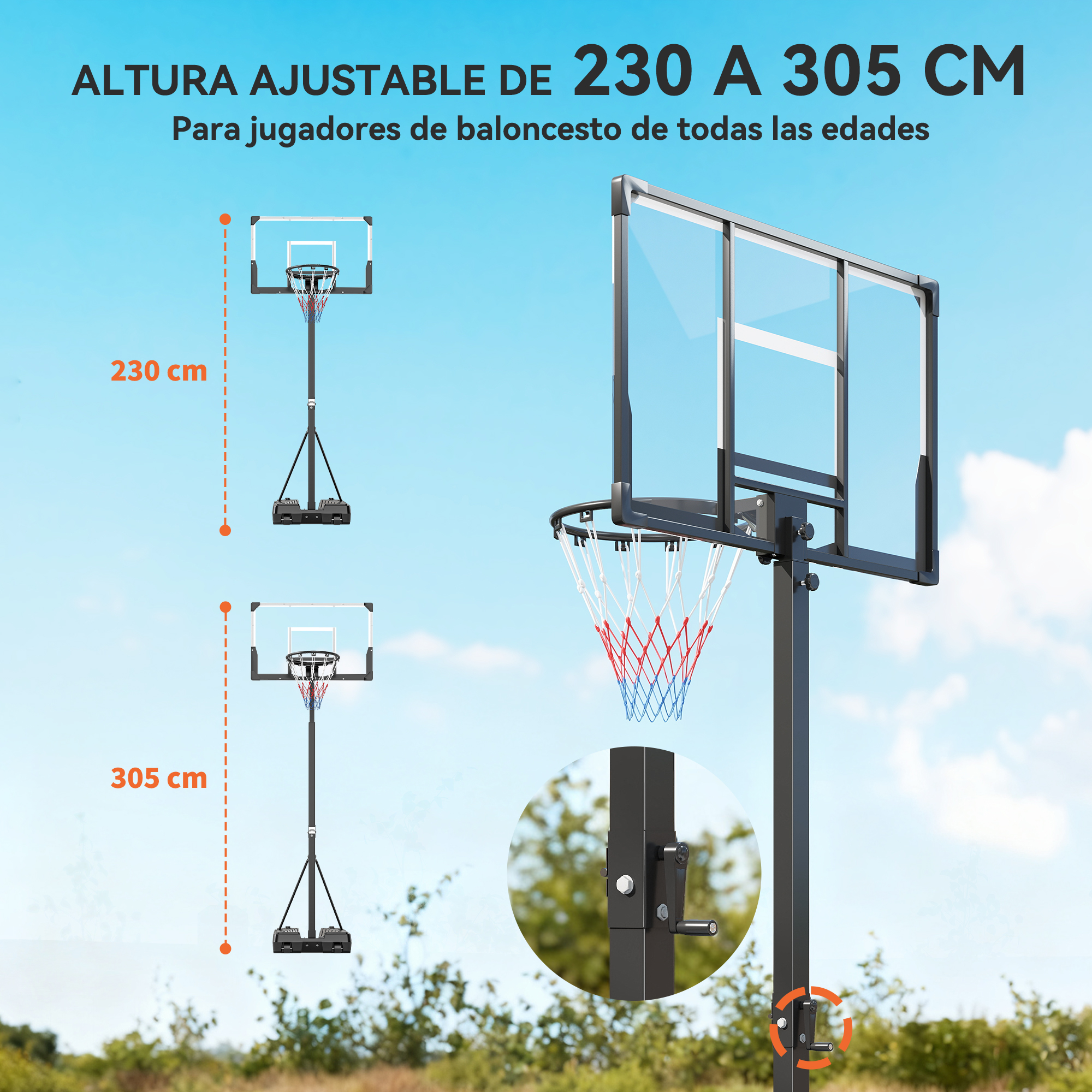 Aro de baloncesto ajustable de 230-305 cm, con tablero transparente.