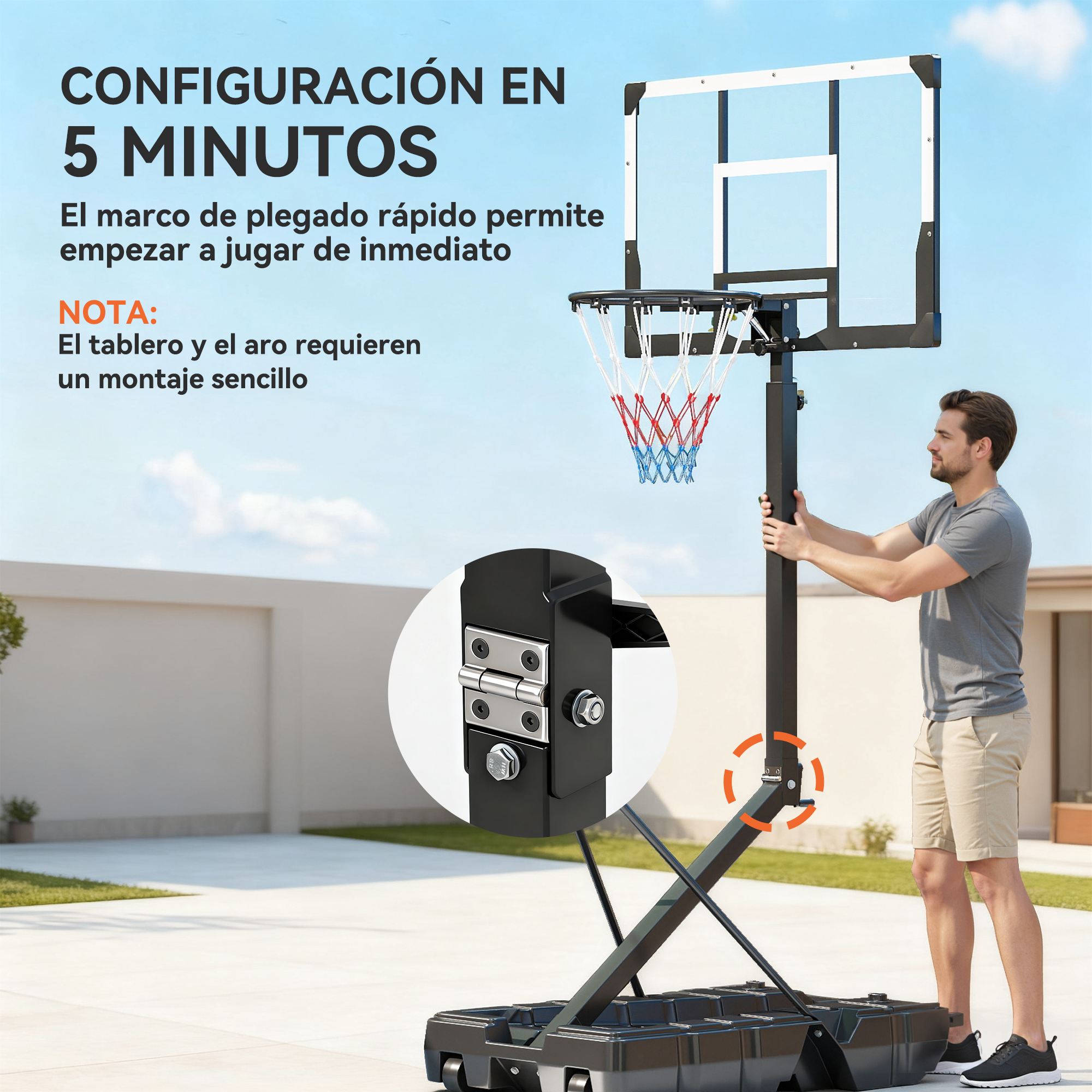 Un hombre monta una canasta de baloncesto portátil en un patio.