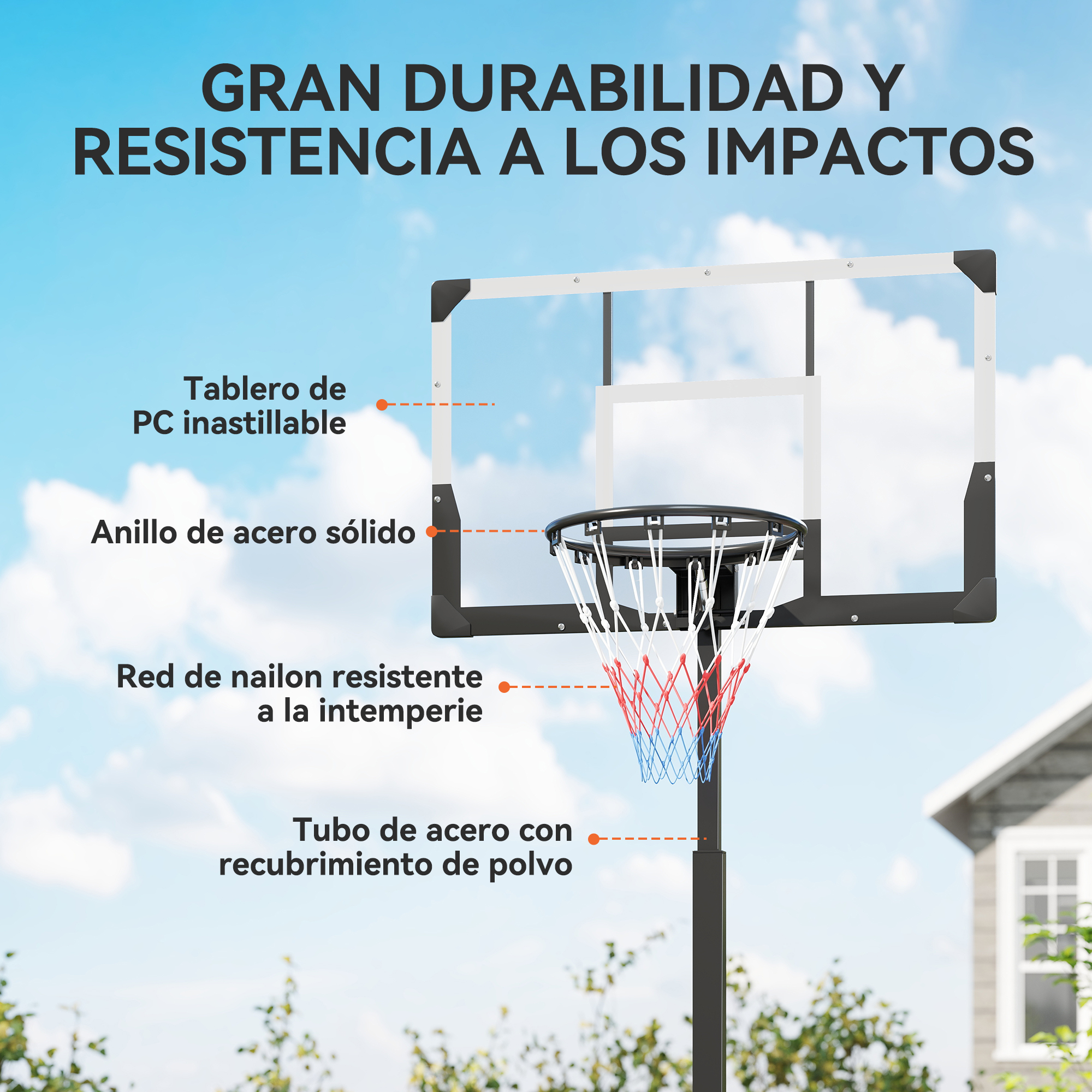 Aro de baloncesto con tablero irrompible, aro de acero y red resistente.