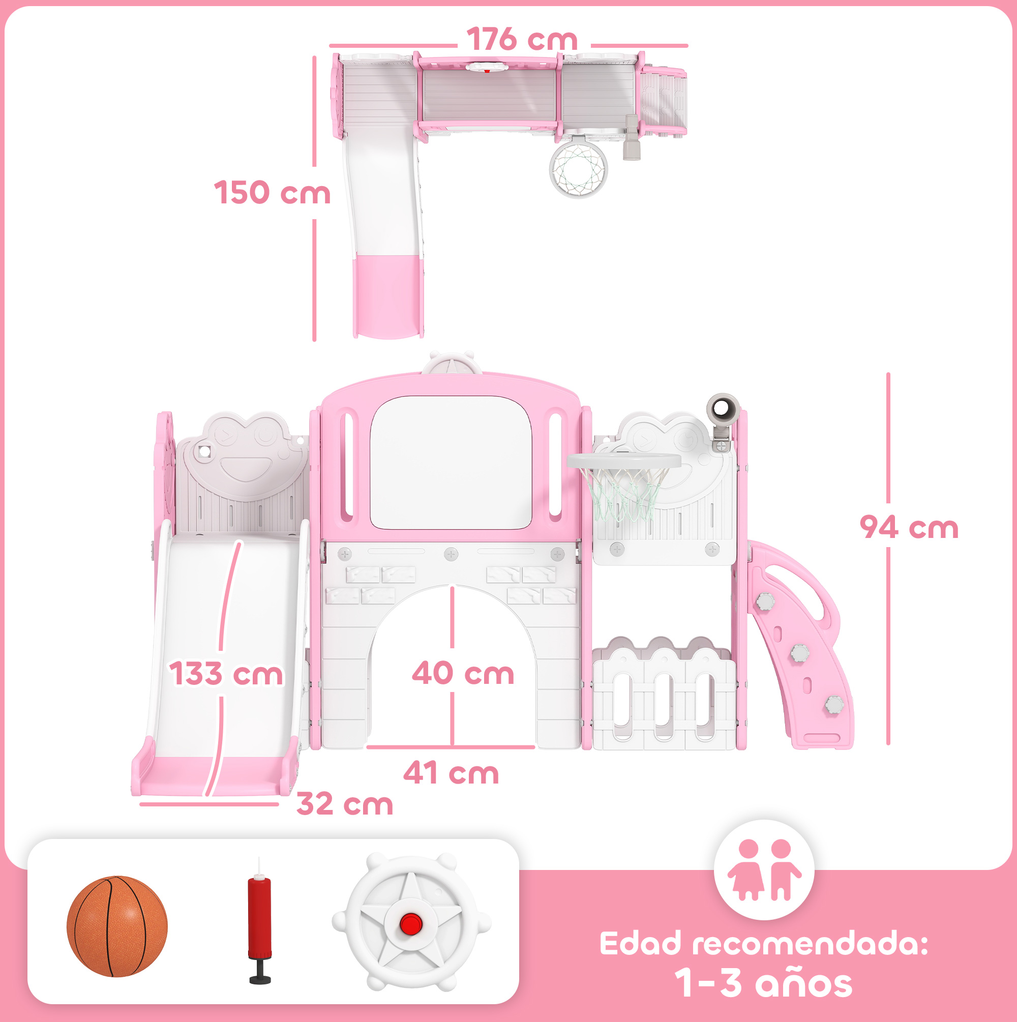 Estructura de juego de plástico rosa y blanca con toboganes y canasta. Recomendado 1-3 años.