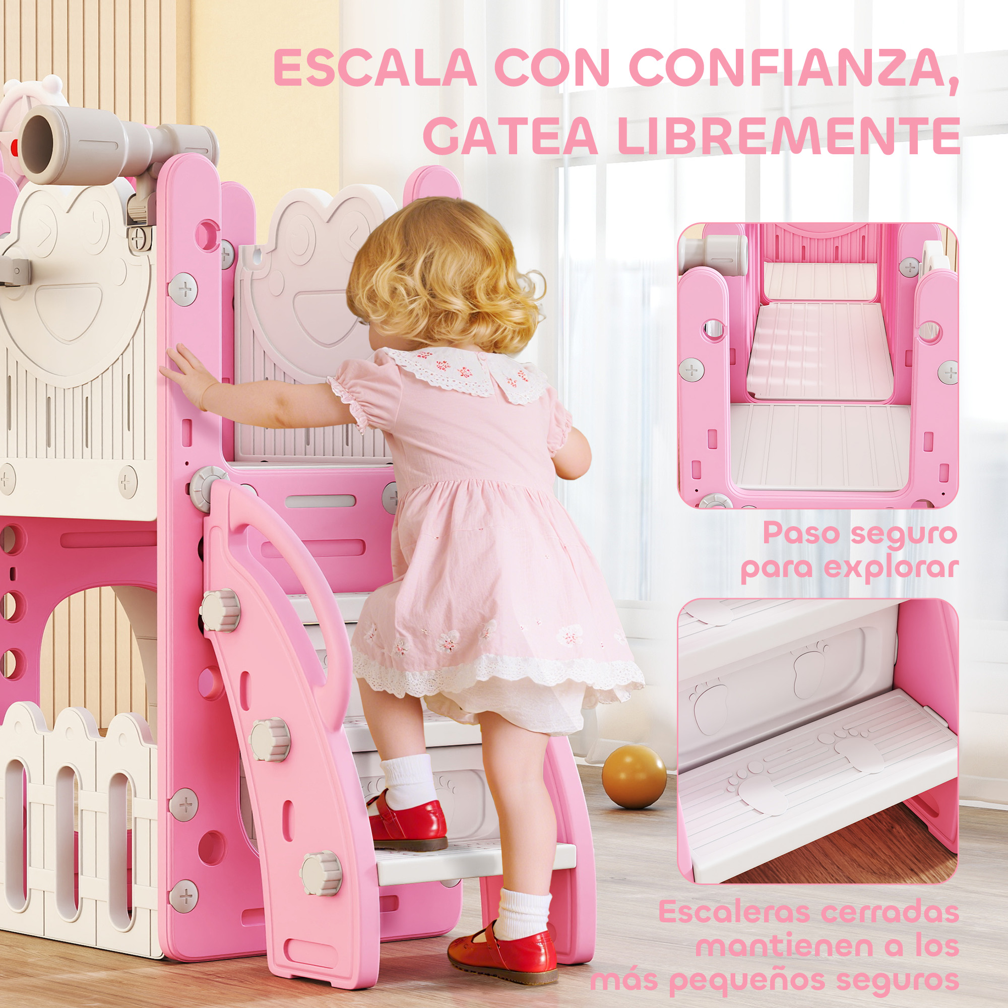 Una niña pequeña sube una estructura de juego rosa con escalera. Pasos seguros.